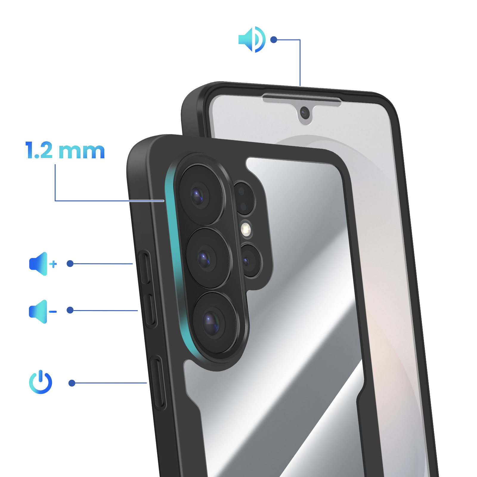 Uno smartphone con retro trasparente e tre fotocamere.