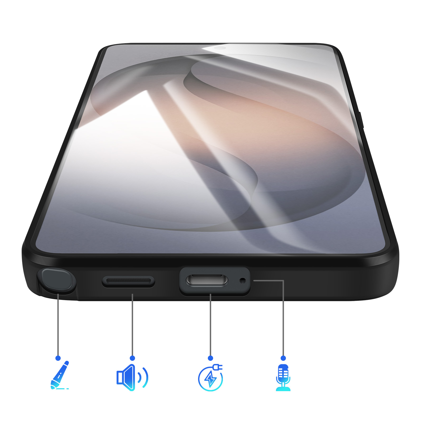 Parte inferiore dello smartphone con icone per stilo, altoparlante, ricarica e microfono.
