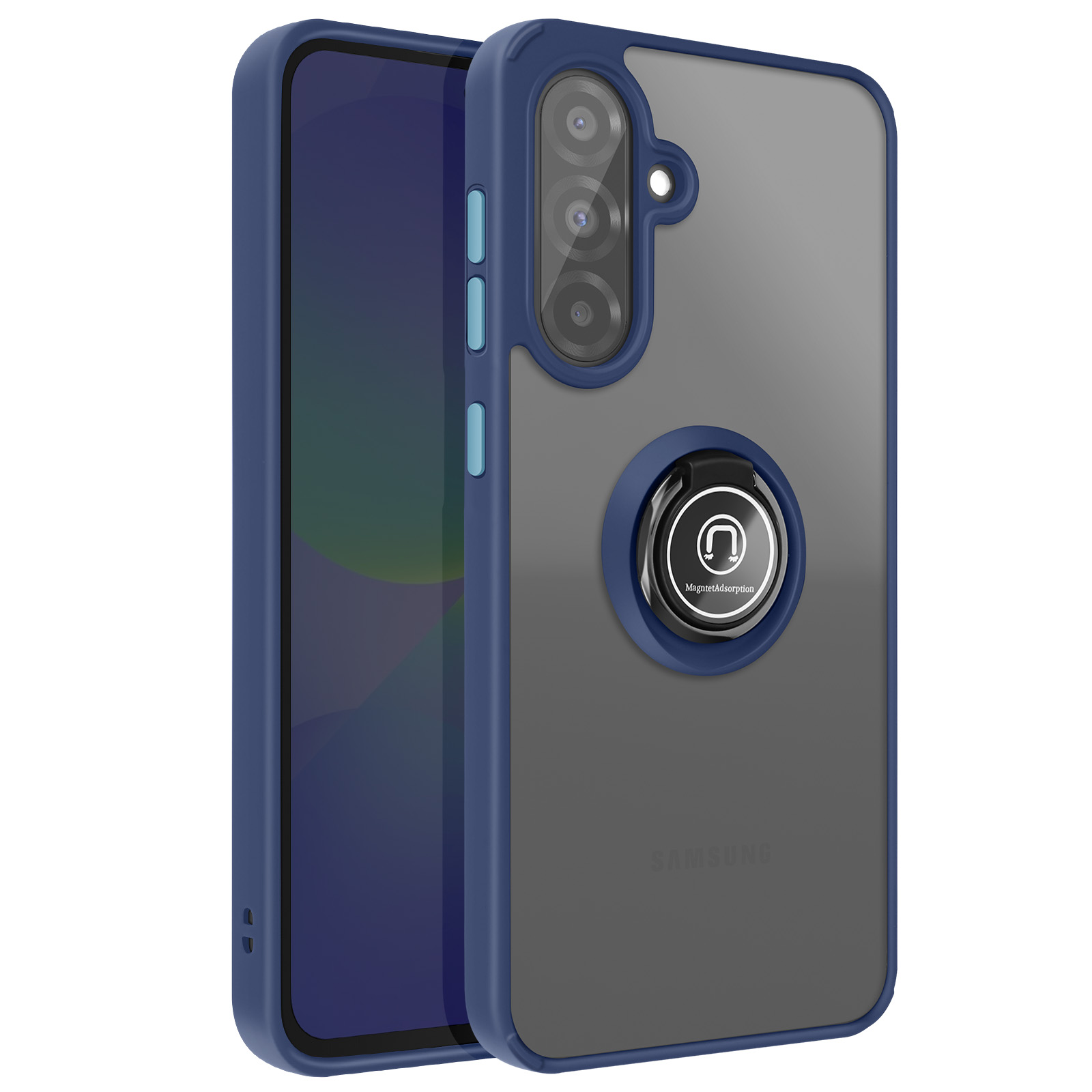 Una cover blu per telefono con anello porta anelli e ritaglio fotocamera.