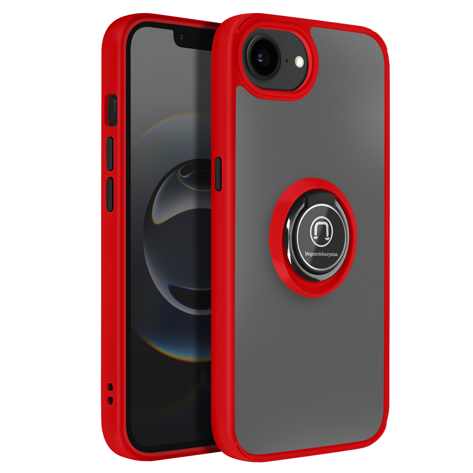 Een rood en grijs telefoonhoesje met magneetring.