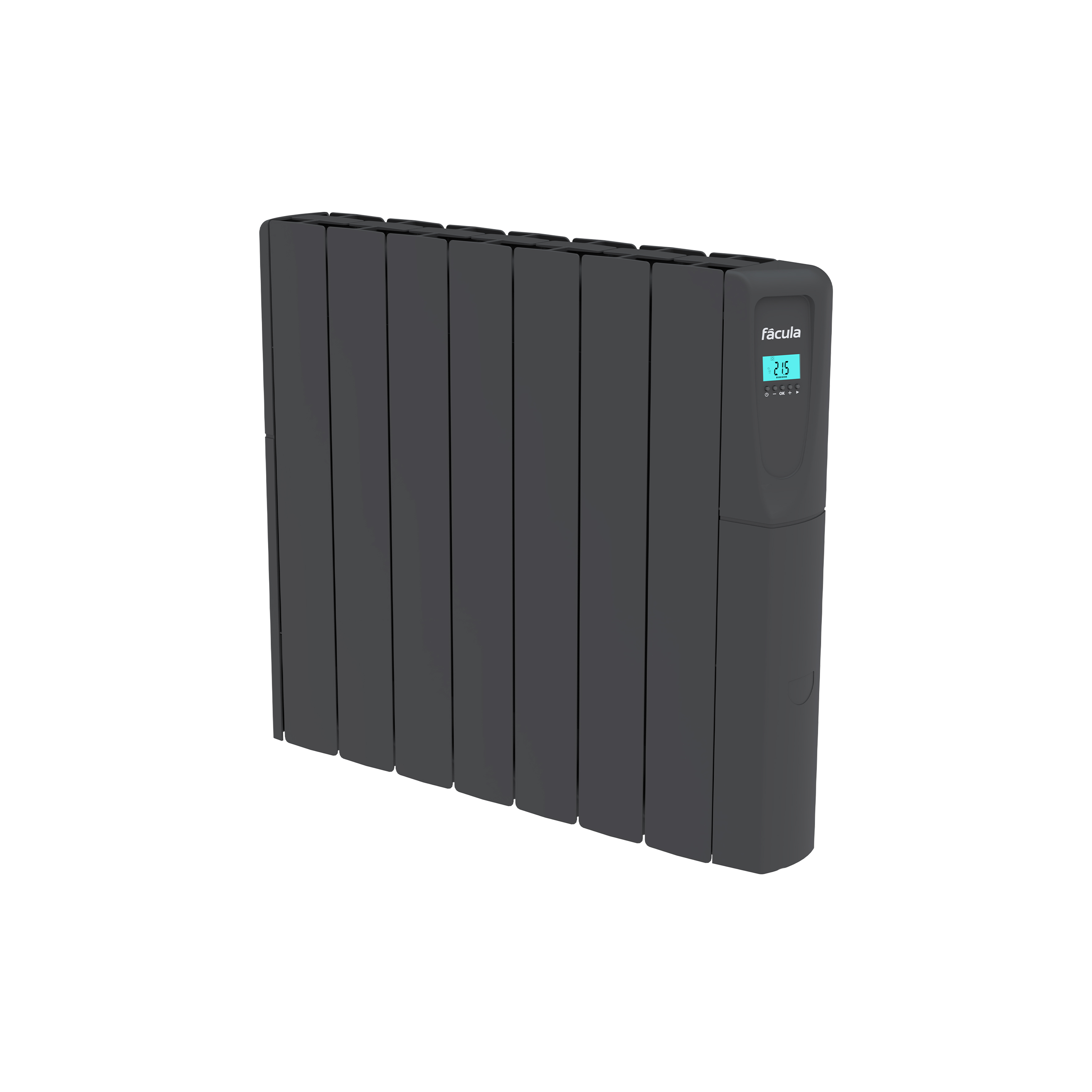 Radiador gris oscuro con pantalla digital que muestra 21,5 grados.