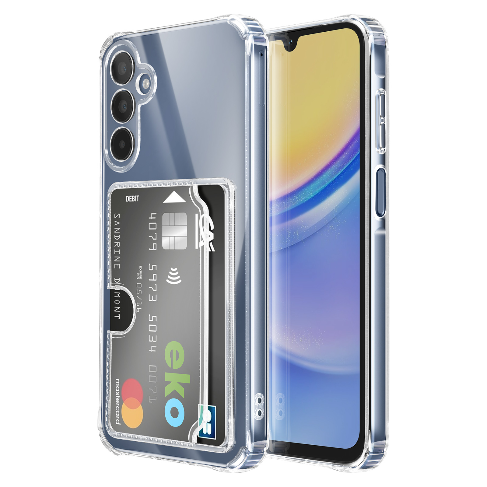 Transparente Handyhülle mit Kartenfach und Handy im Inneren.