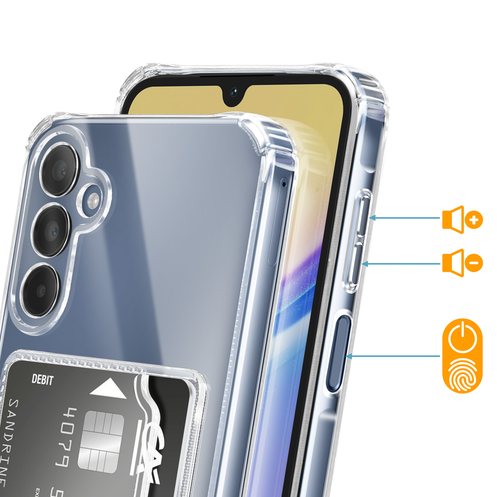 Transparent Handyhülle mit Kreditkartenhalter und Lautstärke-/Ein-/Aus-Tasten.
