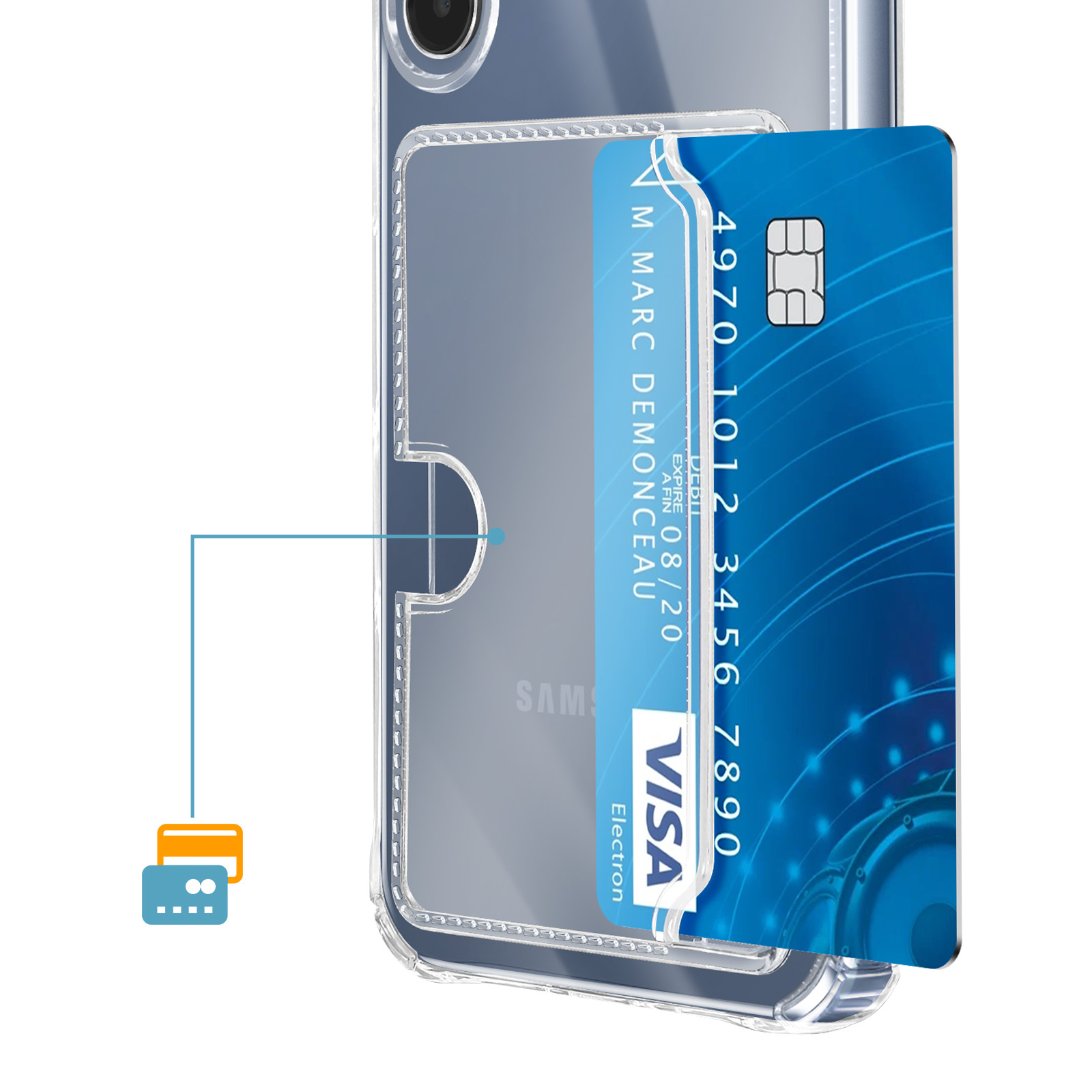 Eine blaue VISA-Karte steckt in einer durchsichtigen Handyhülle.