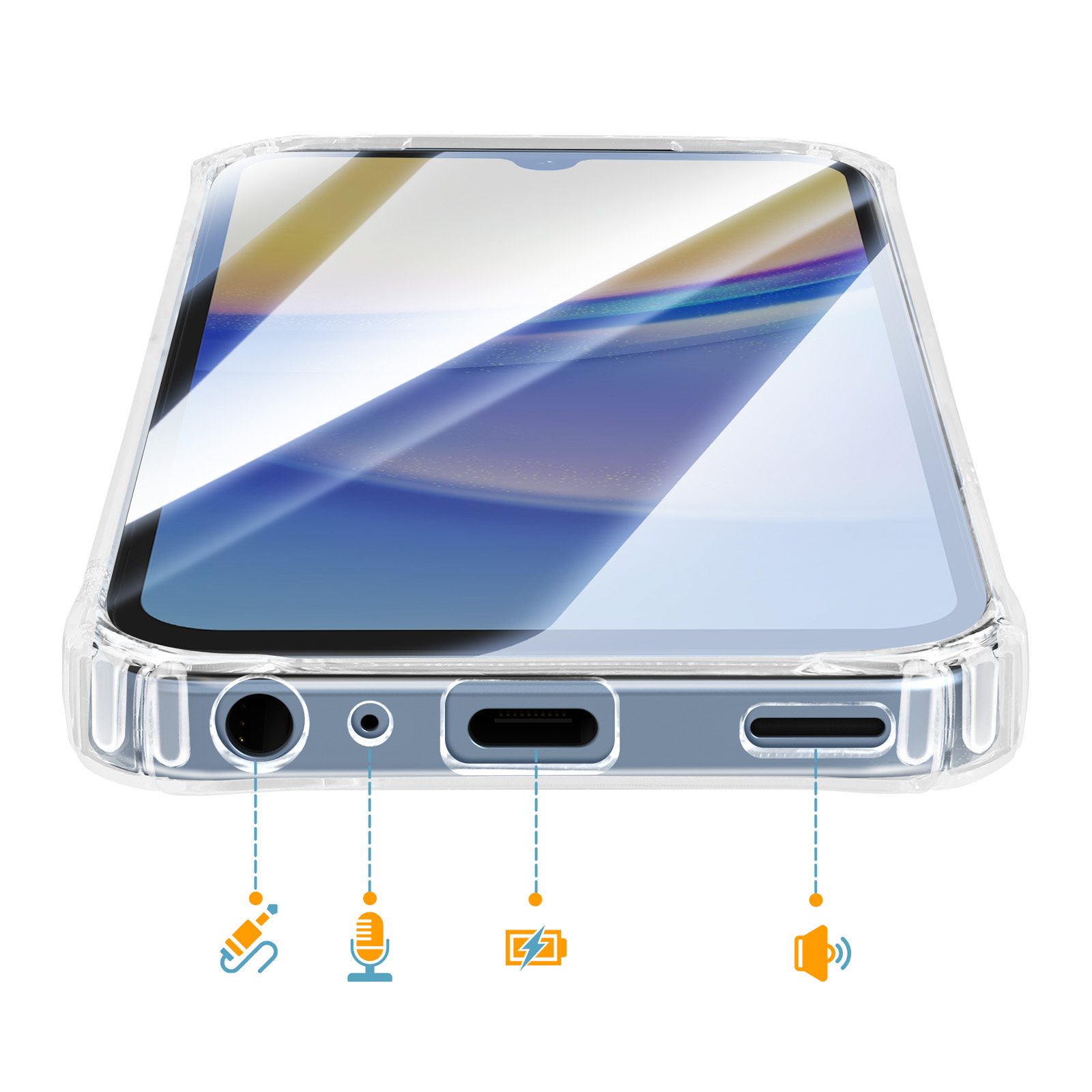 Ein Smartphone mit Hülle zeigt Anschlüsse: Kopfhörer, Mikrofon, Ladebuchse, Lautsprecher.