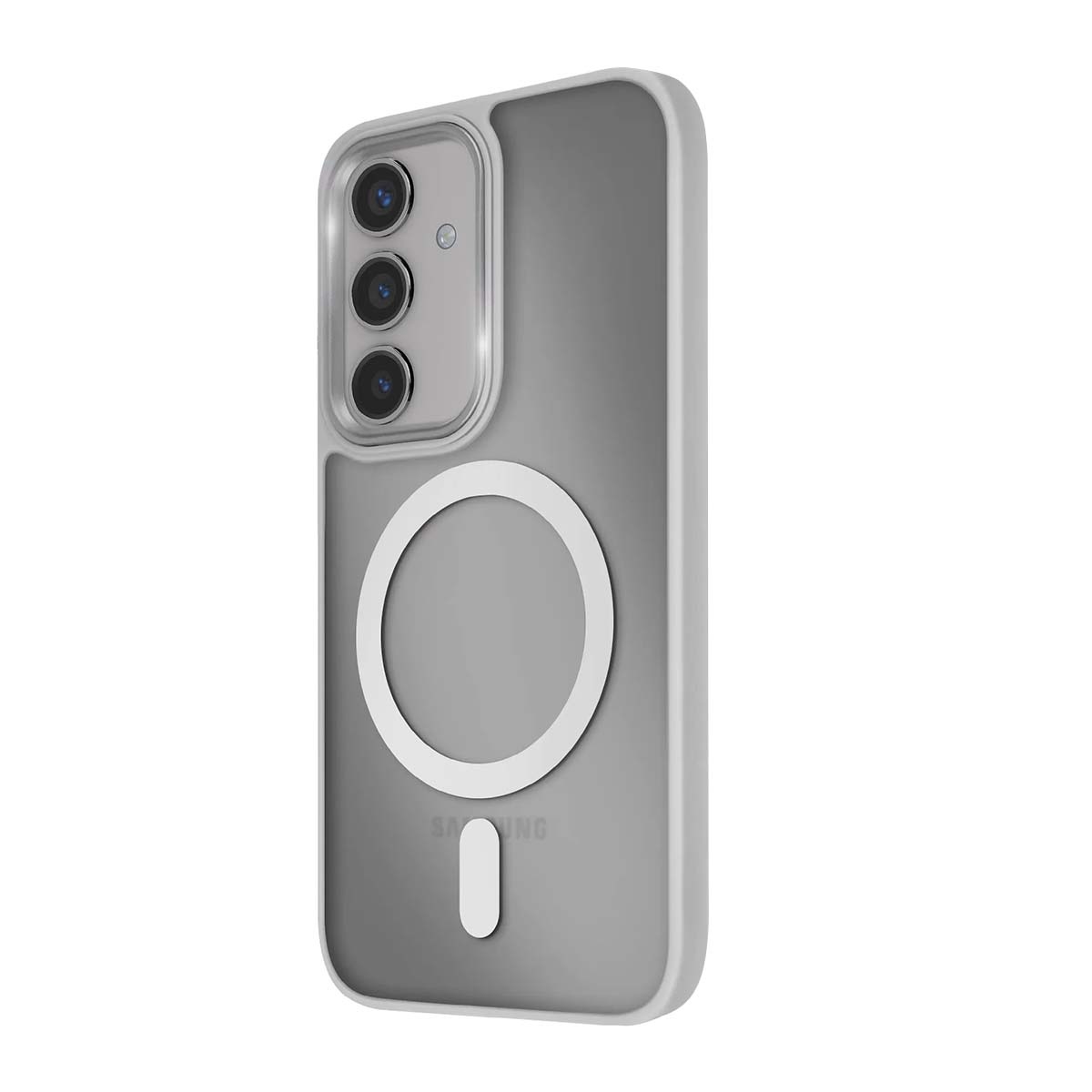Funda de teléfono gris con tres cámaras y logo blanco circular/ovalado.