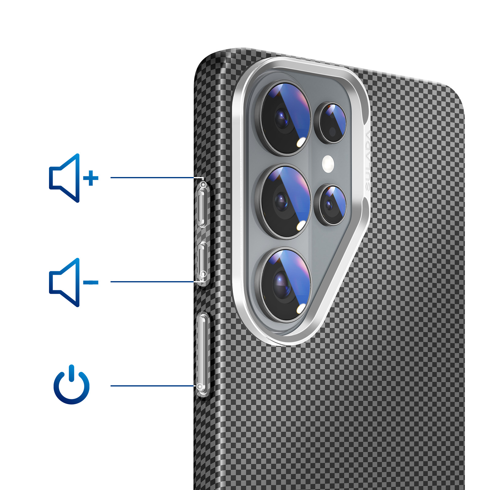 Retro smartphone con motivo a scacchi, fotocamera e pulsanti volume.