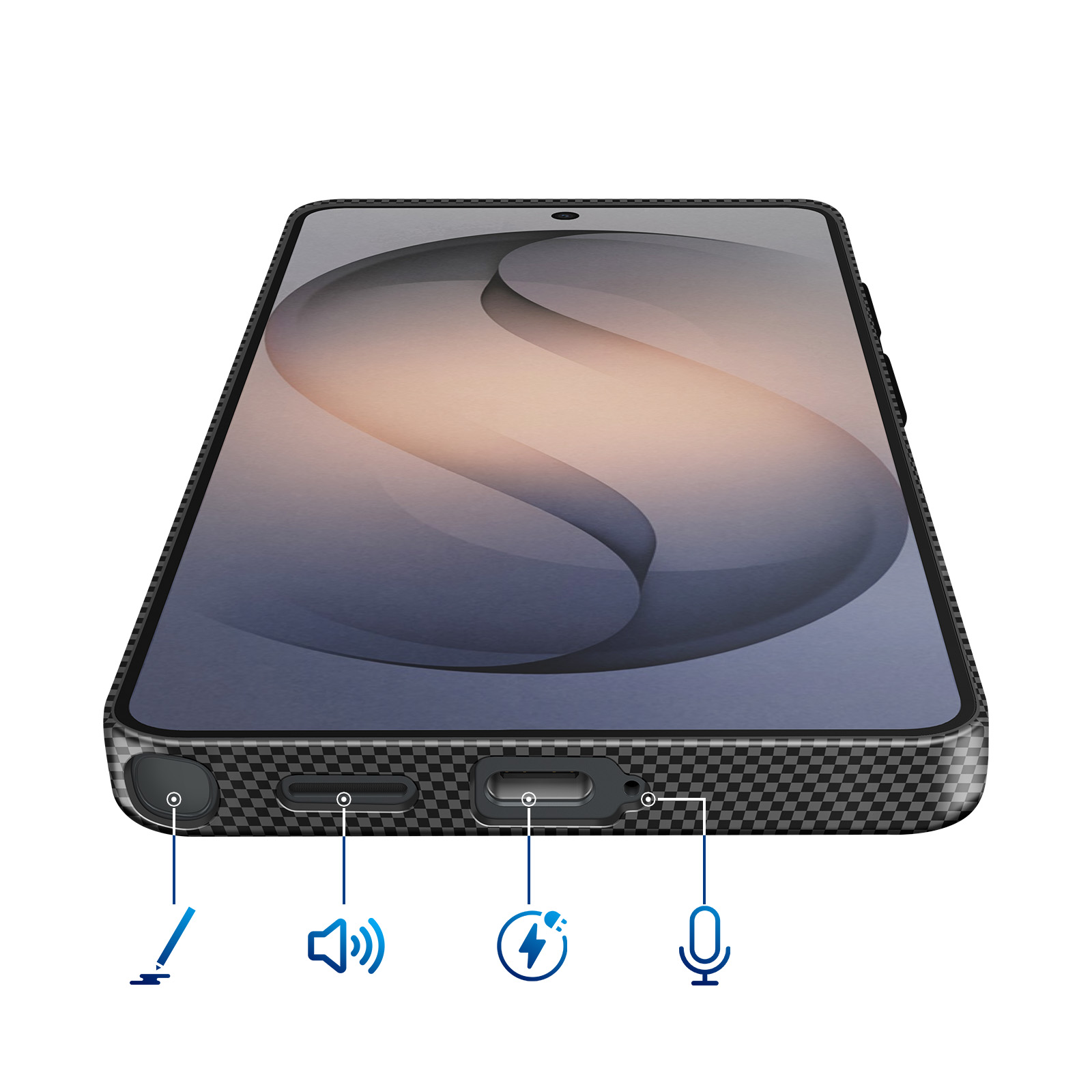 Smartphone con custodia a scacchi, porte e icone per penna, volume, ricarica e microfono.