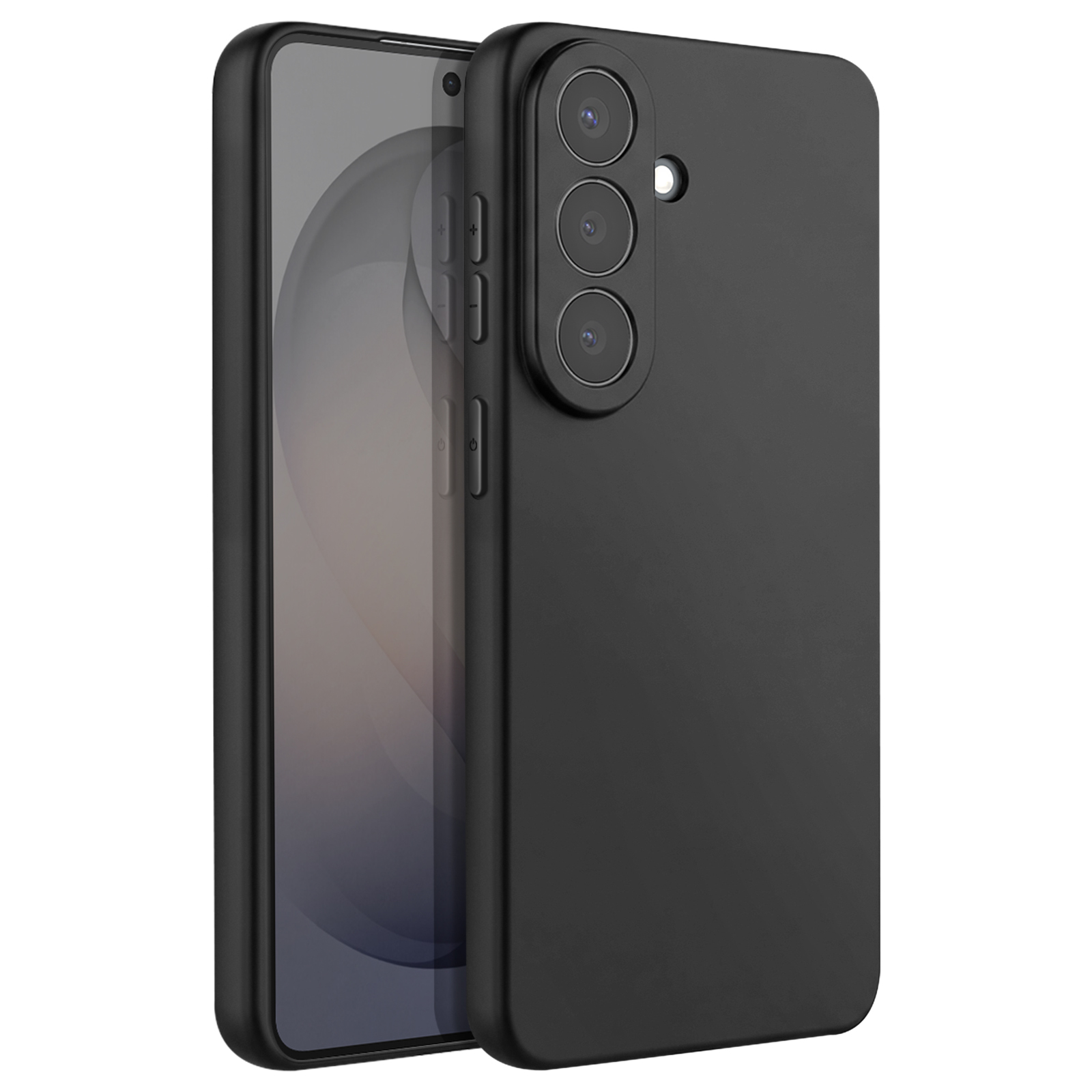 Uno smartphone nero con tripla fotocamera, all'interno di una custodia.