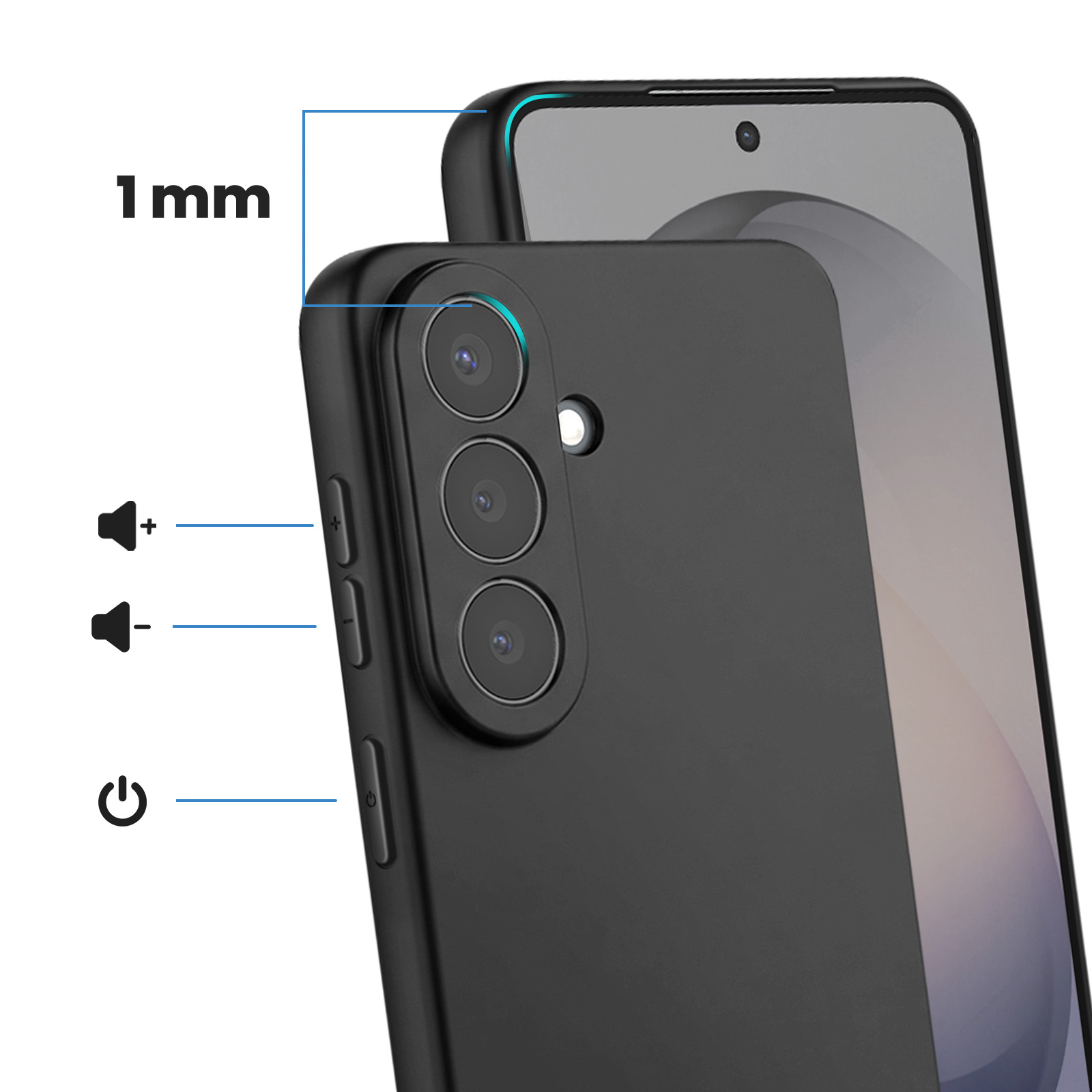 Telefono nero con 3 fotocamere e bordo rialzato di 1 mm. Pulsanti volume e accensione visibili.