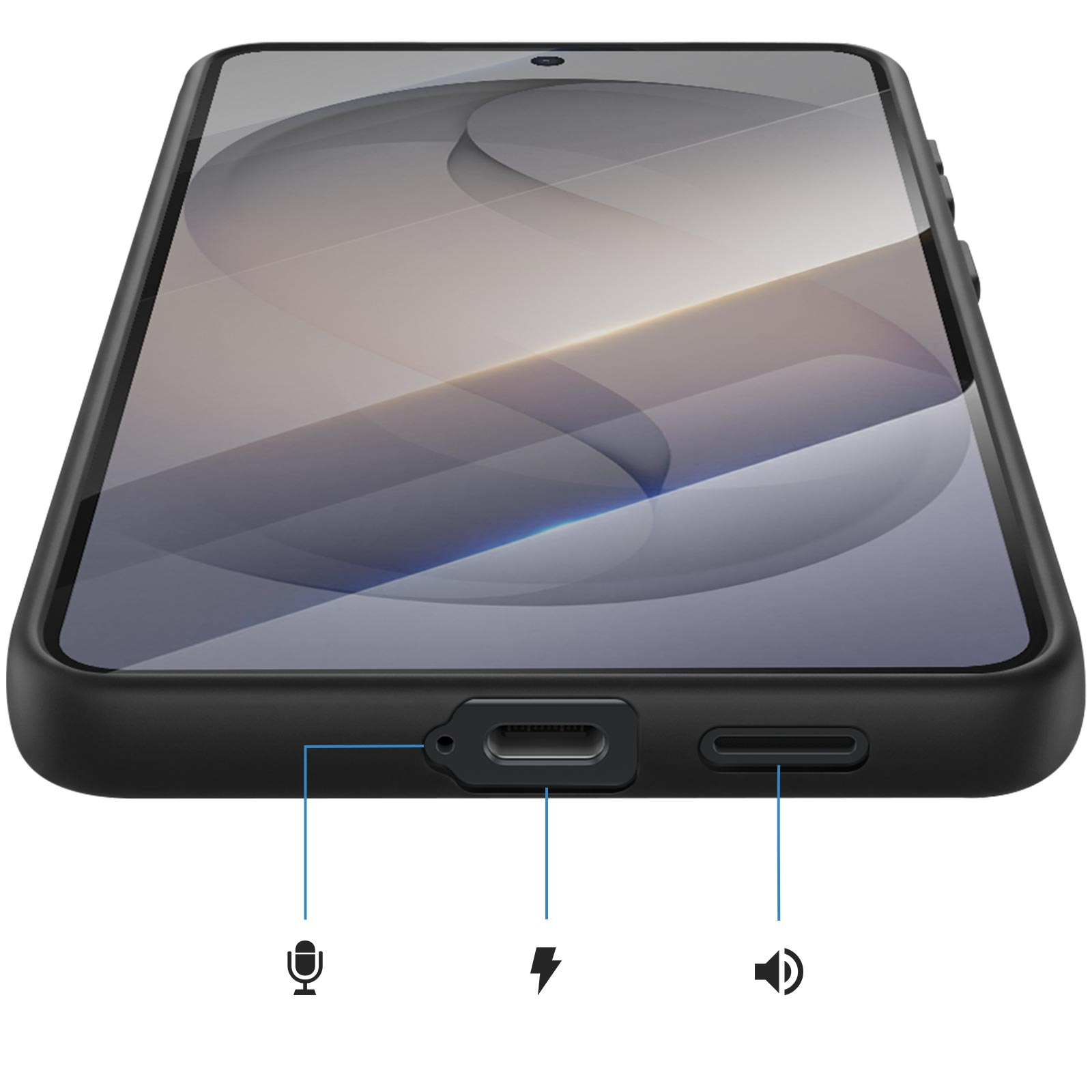 Uno smartphone con custodia nera mostra microfono, porta di ricarica e altoparlante.