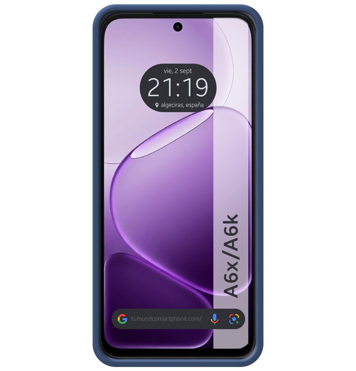 Un smartphone con carcasa azul muestra las 21:19 y un fondo morado.