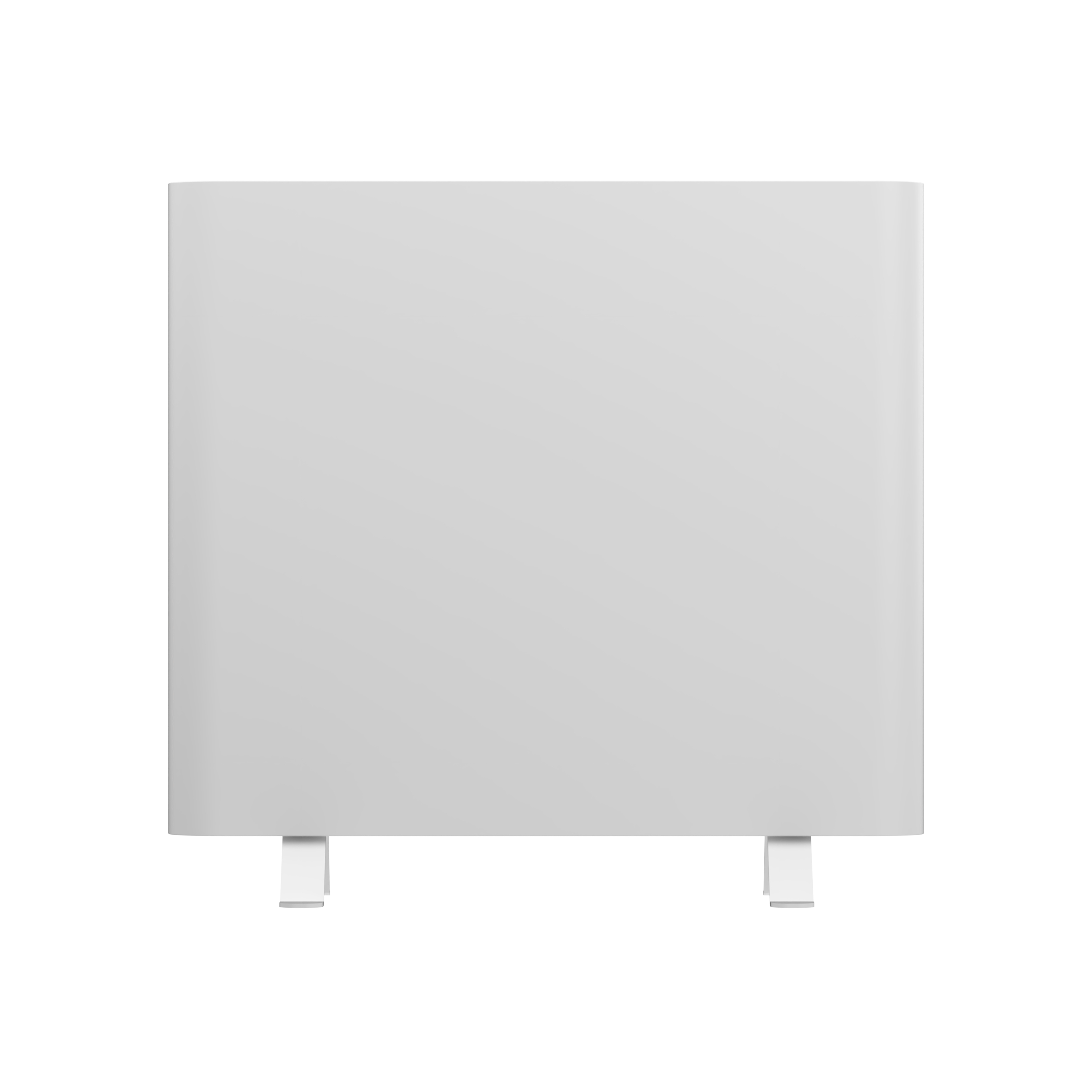 Un objeto rectangular blanco liso con dos patas blancas pequeñas abajo.