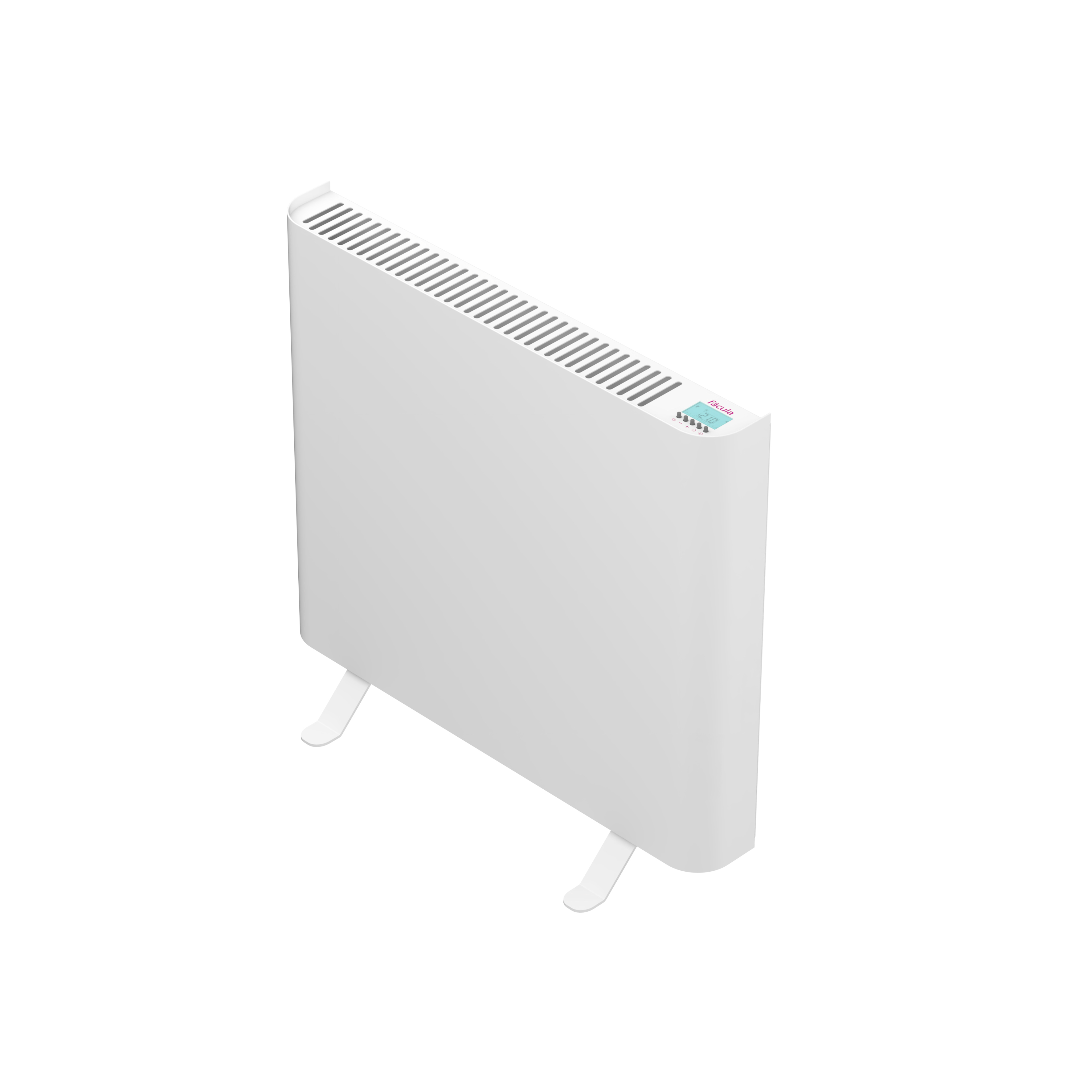 Un radiador convector blanco con pantalla y patas sobre fondo blanco.