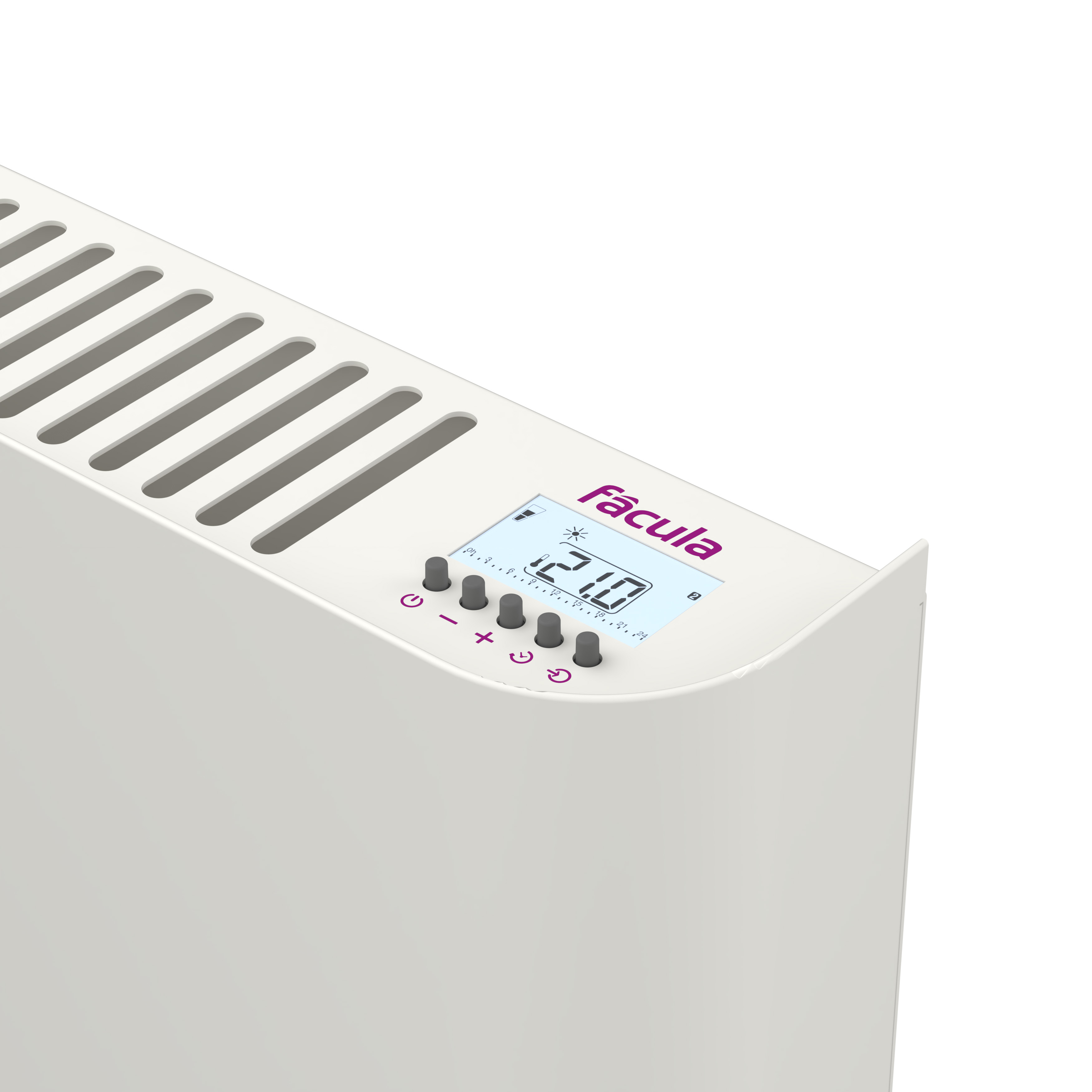 Un radiador blanco con rejillas y una pantalla digital que muestra 21,0°C.