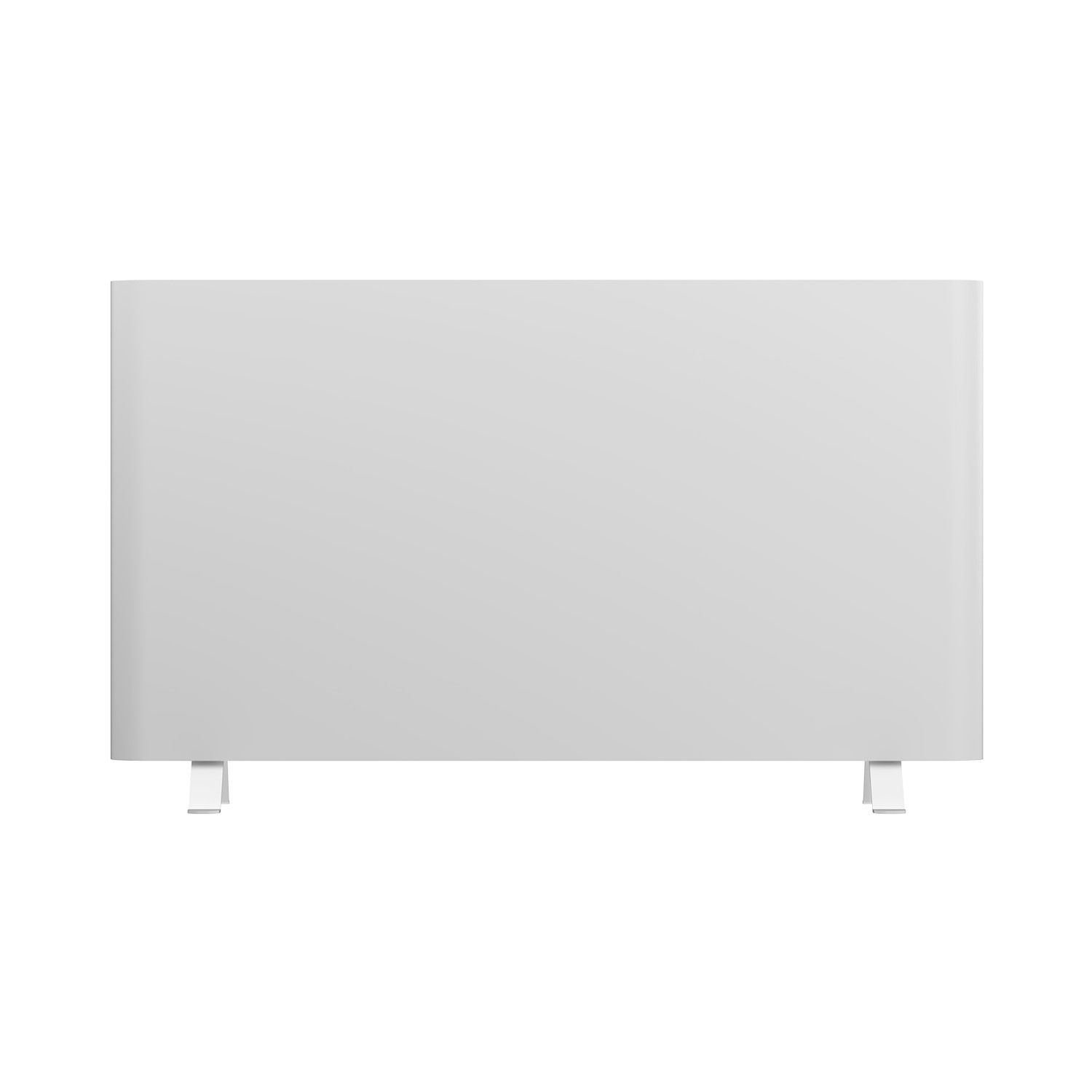 Un radiador blanco con dos pies sobre fondo blanco.