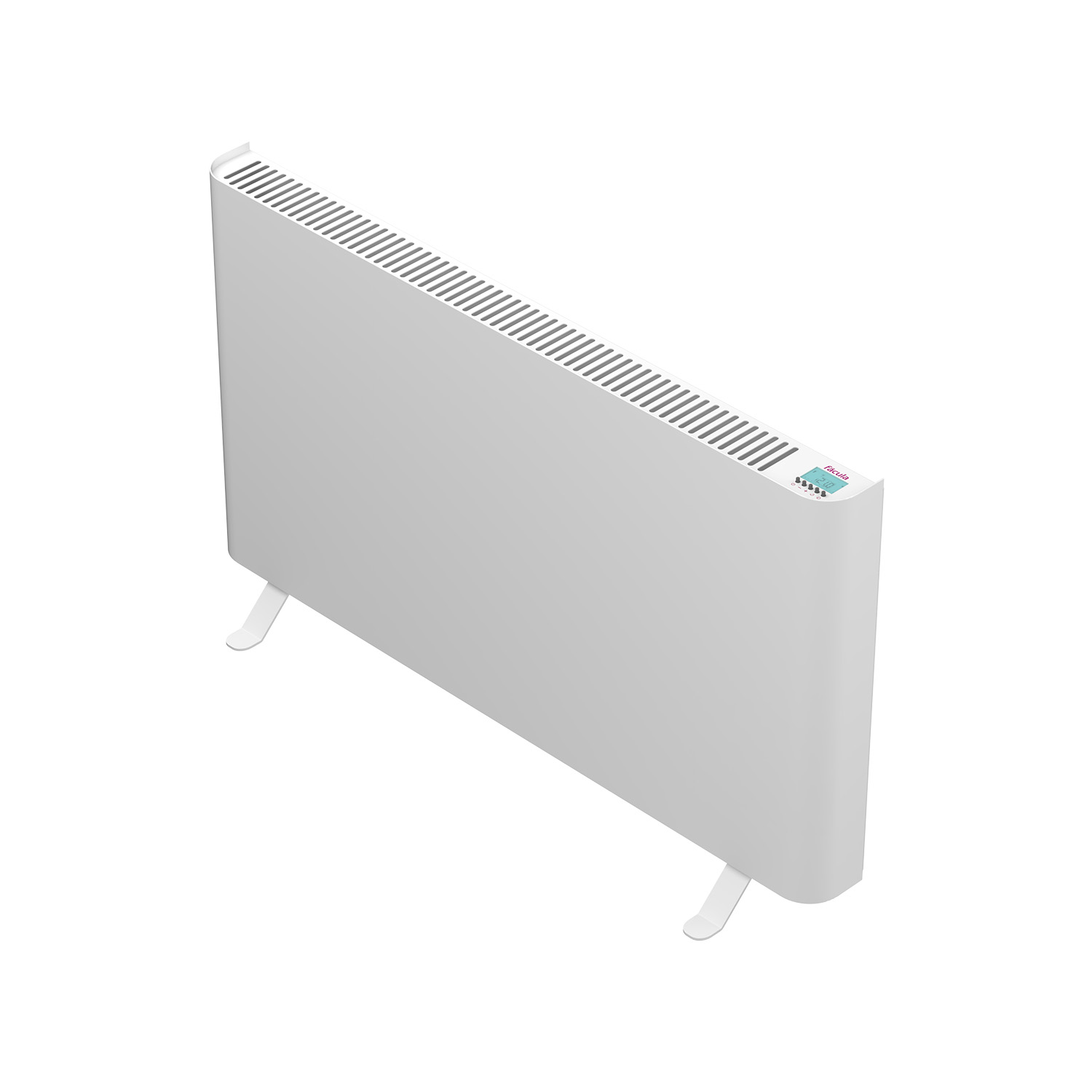 Un radiador blanco con pantalla digital y patas.