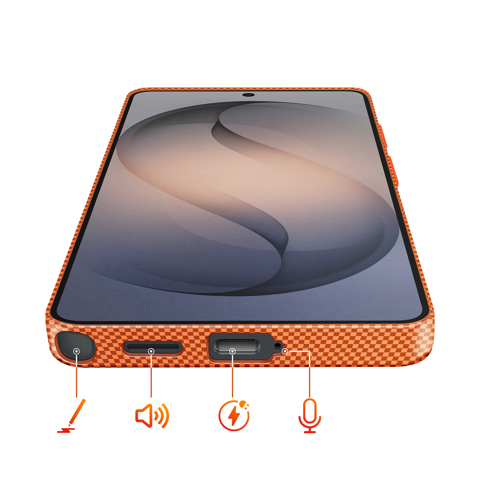Custodia arancione a scacchi con porte: stilo, volume, ricarica, microfono.