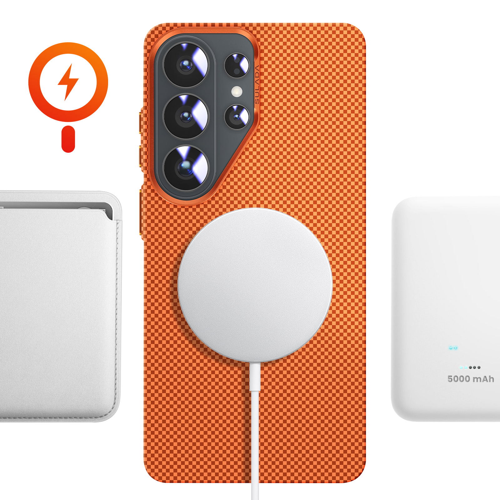 Custodia arancione per telefono con icona di ricarica, pad bianco e power bank.