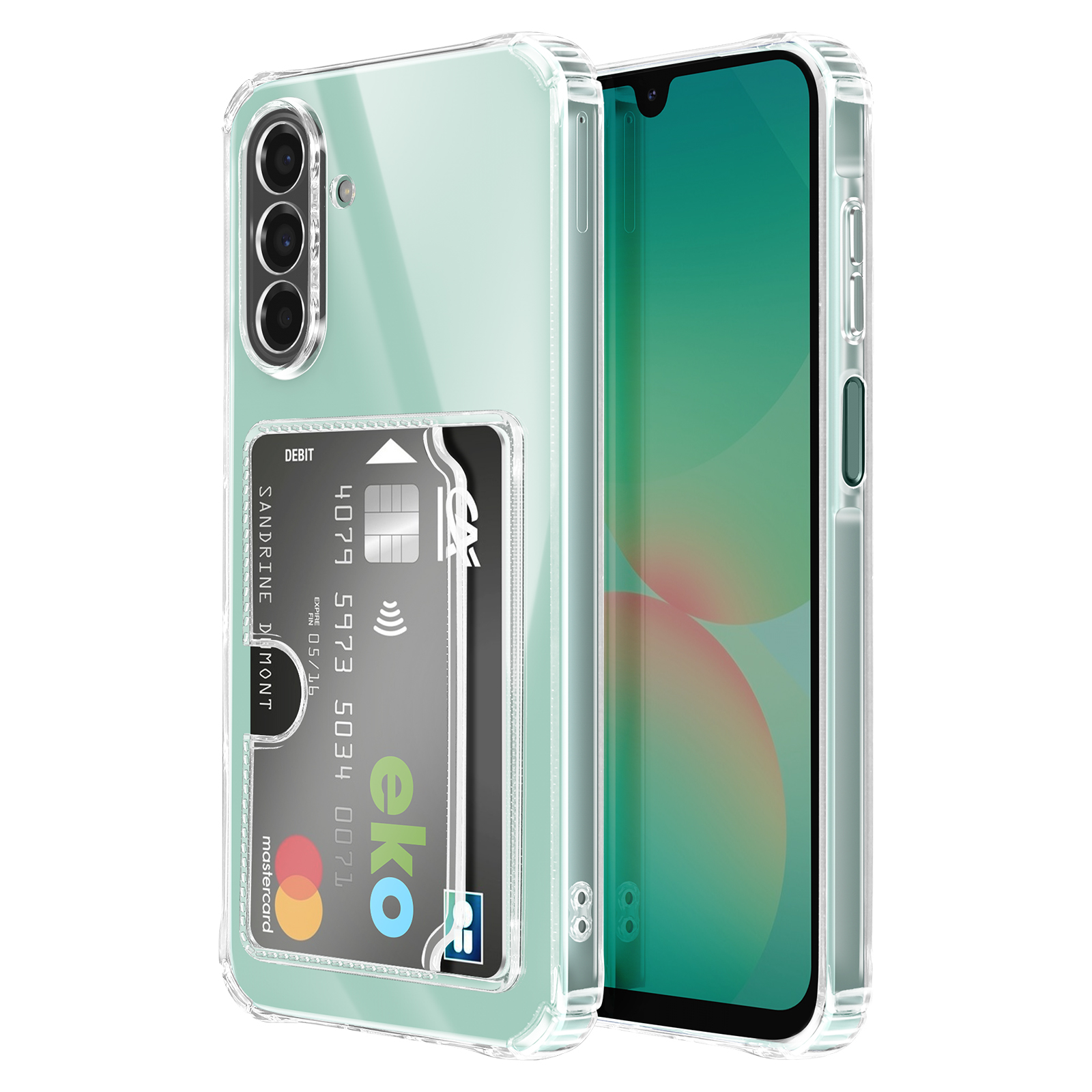 Una funda de teléfono transparente con tarjetero y un teléfono dentro.