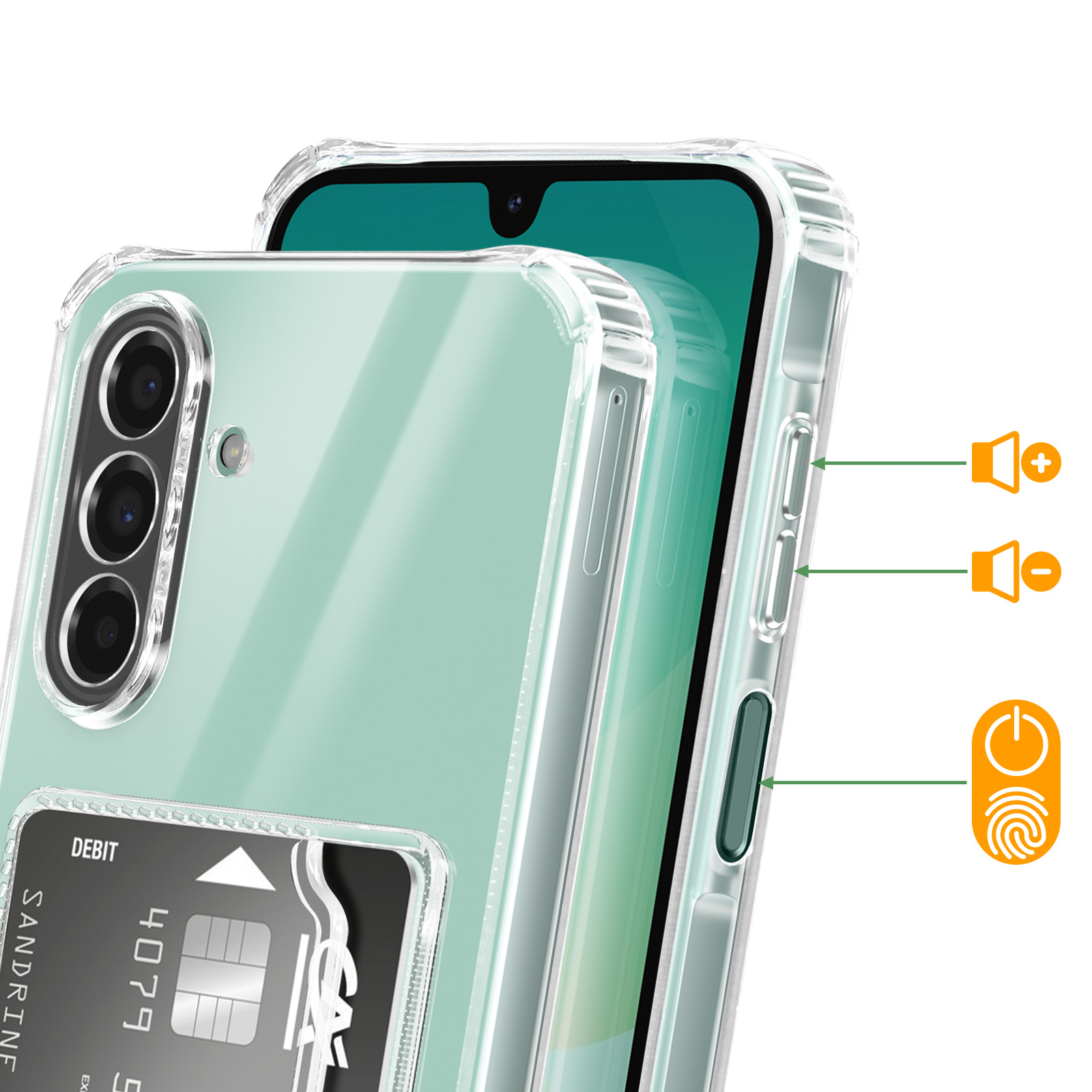 Una funda transparente revela un teléfono verde menta con triple cámara y ranura para tarjeta.