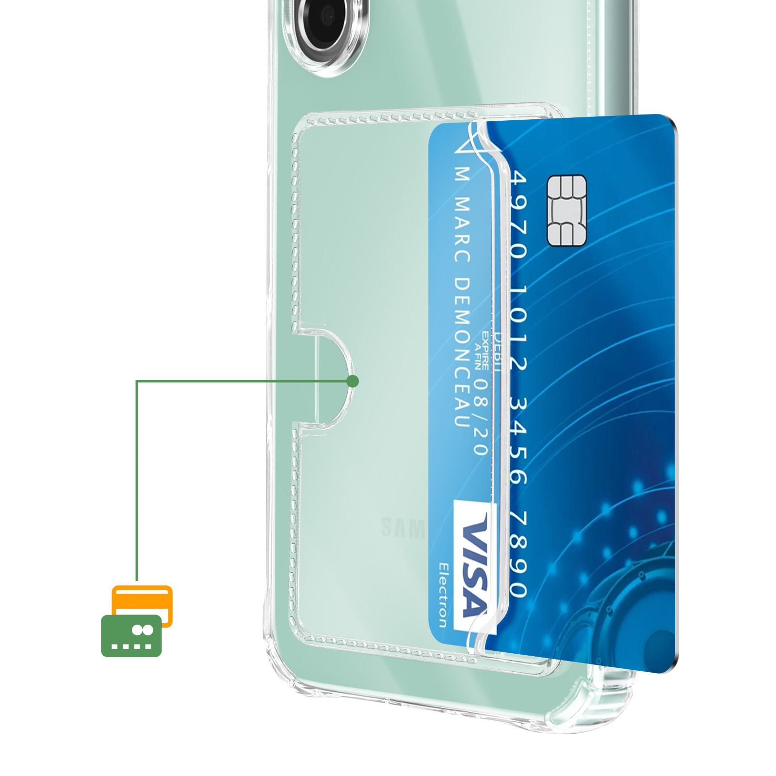 Una funda transparente para teléfono con una tarjeta Visa azul.