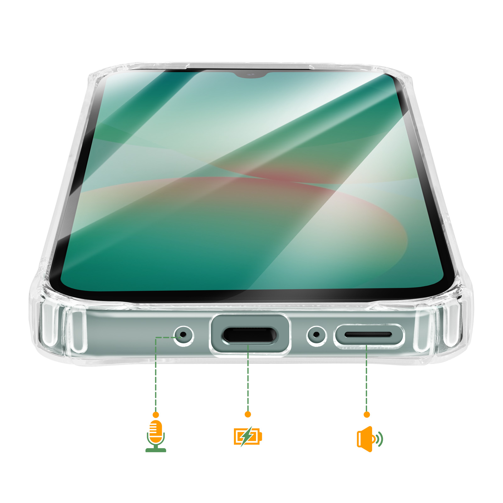Una funda transparente para teléfono muestra puerto de carga, micrófono y altavoz.
