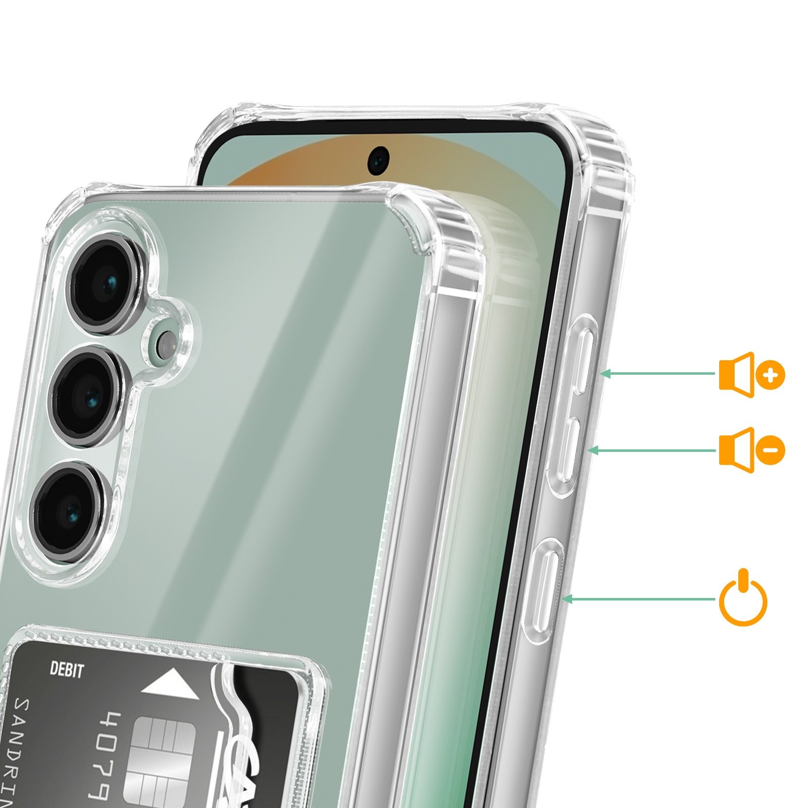 Doorzichtige telefoonhoes met kaarthouder en volume/aan-uitknop-iconen.