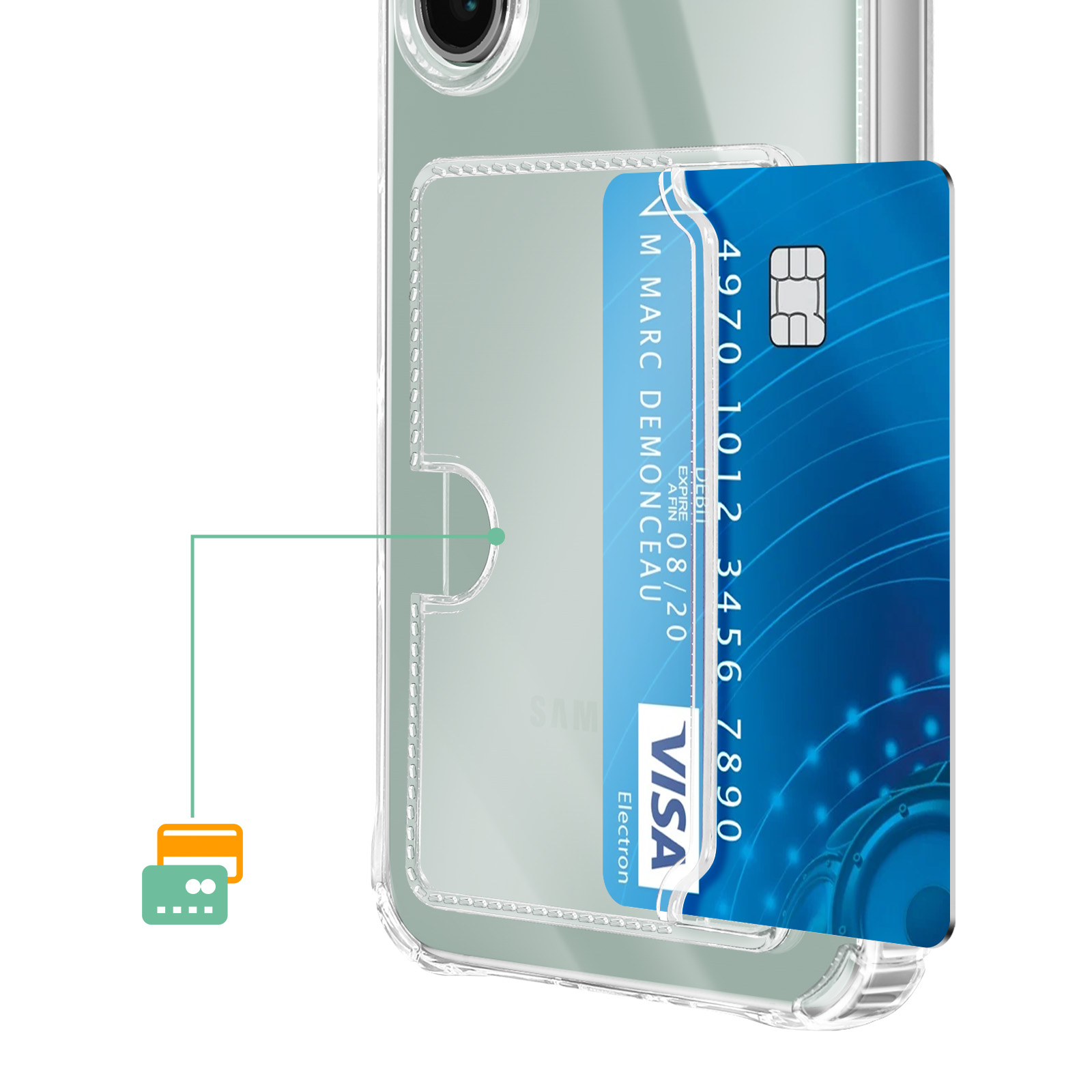 Doorzichtige telefoonhoes met kaarthouder en blauwe Visa-kaart.