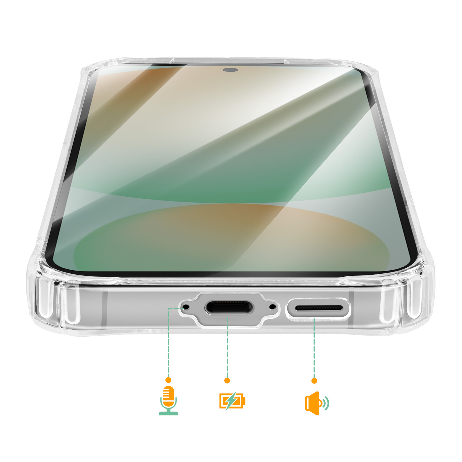 Transparante telefoonhoes toont poorten: microfoon, oplaadpoort, luidspreker.