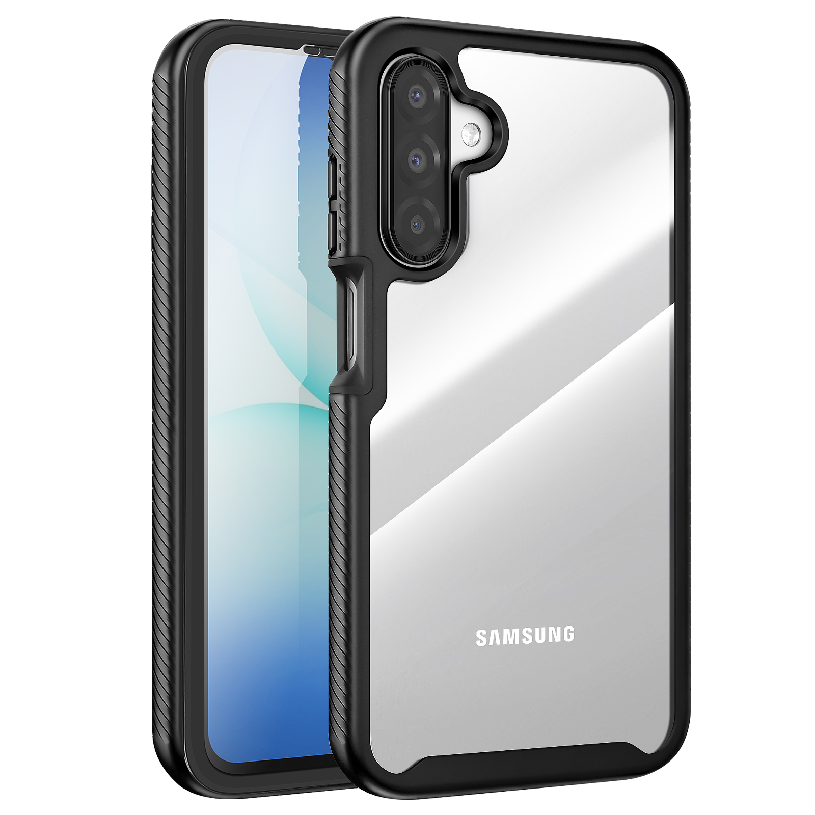 Viene mostrata una custodia protettiva nera con retro trasparente per un telefono Samsung.