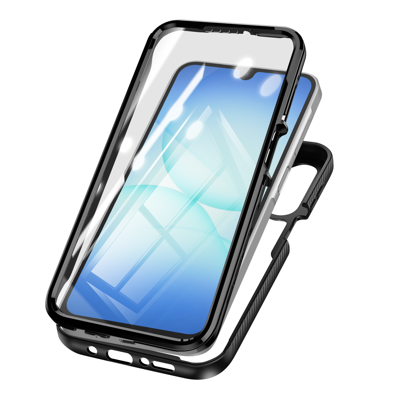 Una custodia nera per telefono con parte anteriore trasparente, che protegge un cellulare.
