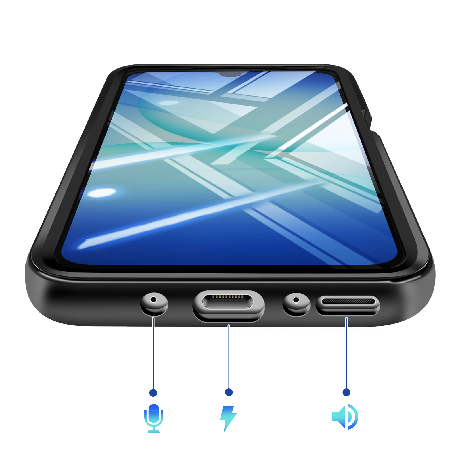 Uno smartphone nero con schermo blu, con icone per microfono, porta di ricarica e altoparlante.