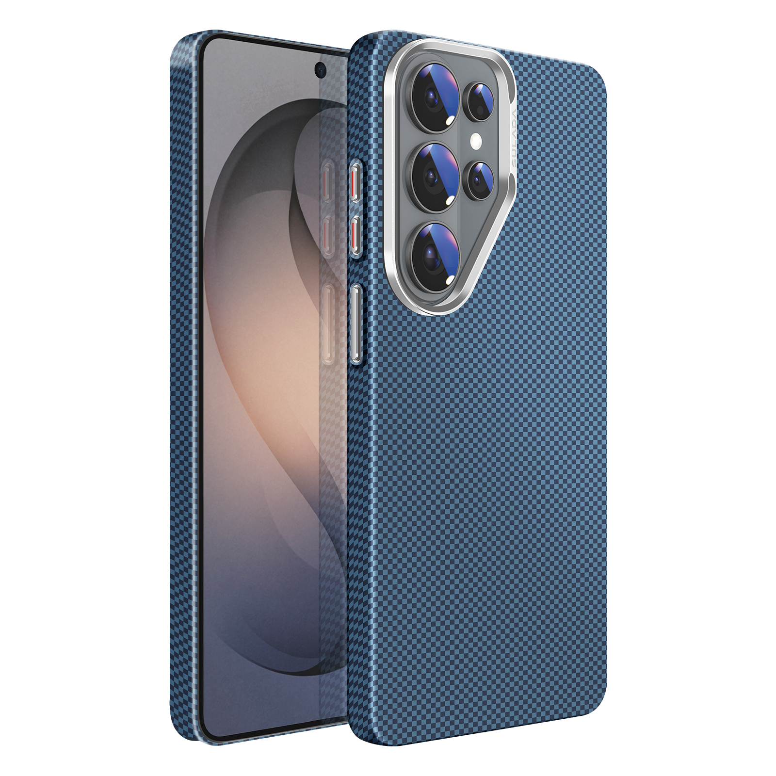 Ein blaues Handy mit karierter Hülle und vier Kameras.