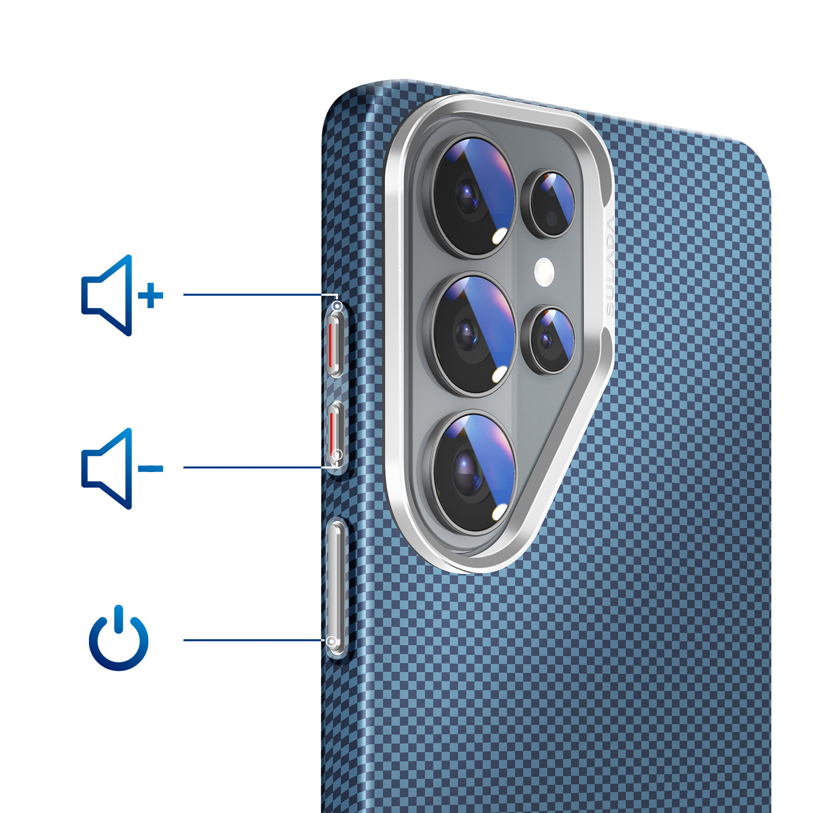 Ein Handy mit kariertem blauen Muster auf der Rückseite und vier Kameralinsen.
