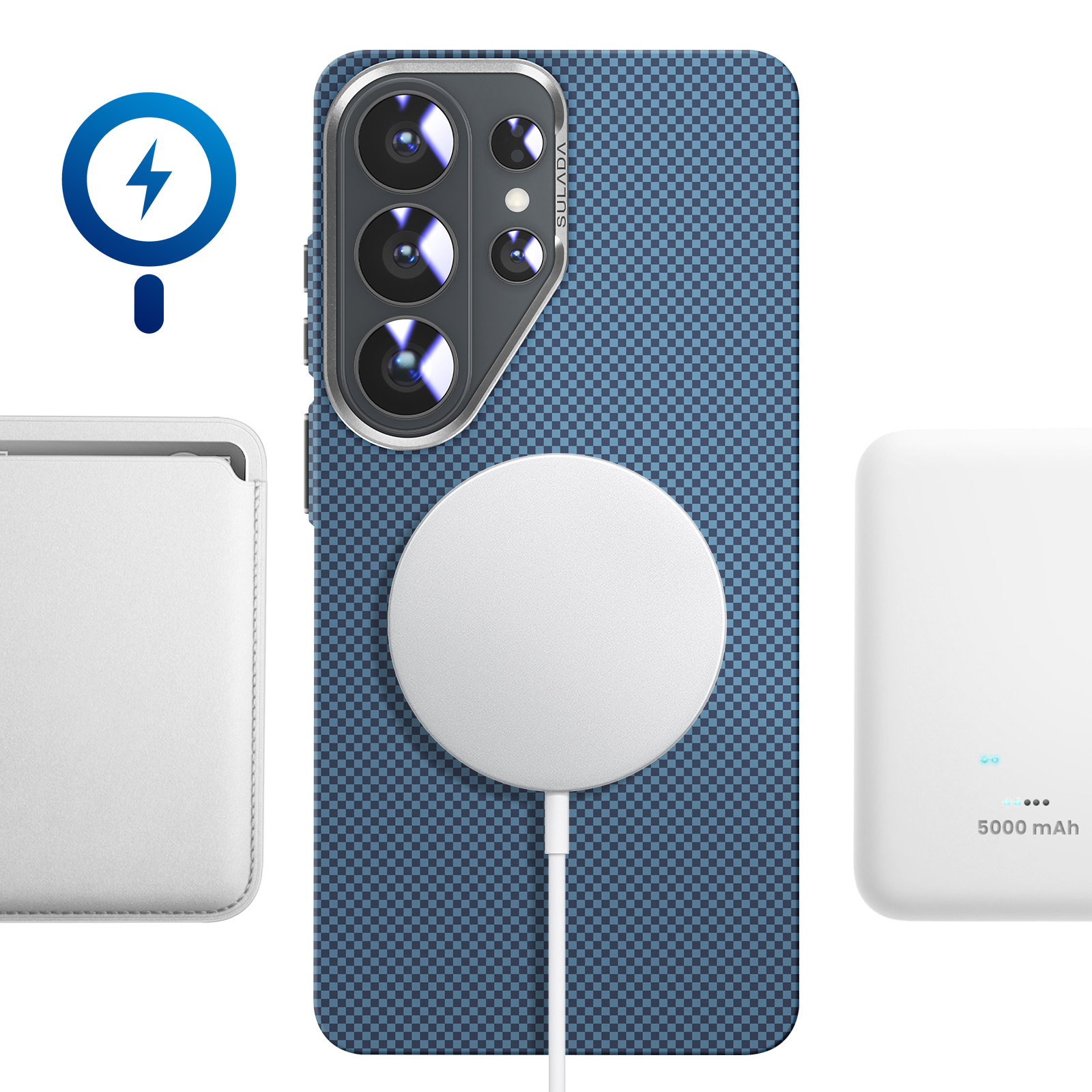 Ein Smartphone mit Kameras, Ladeanzeige und Zubehör.