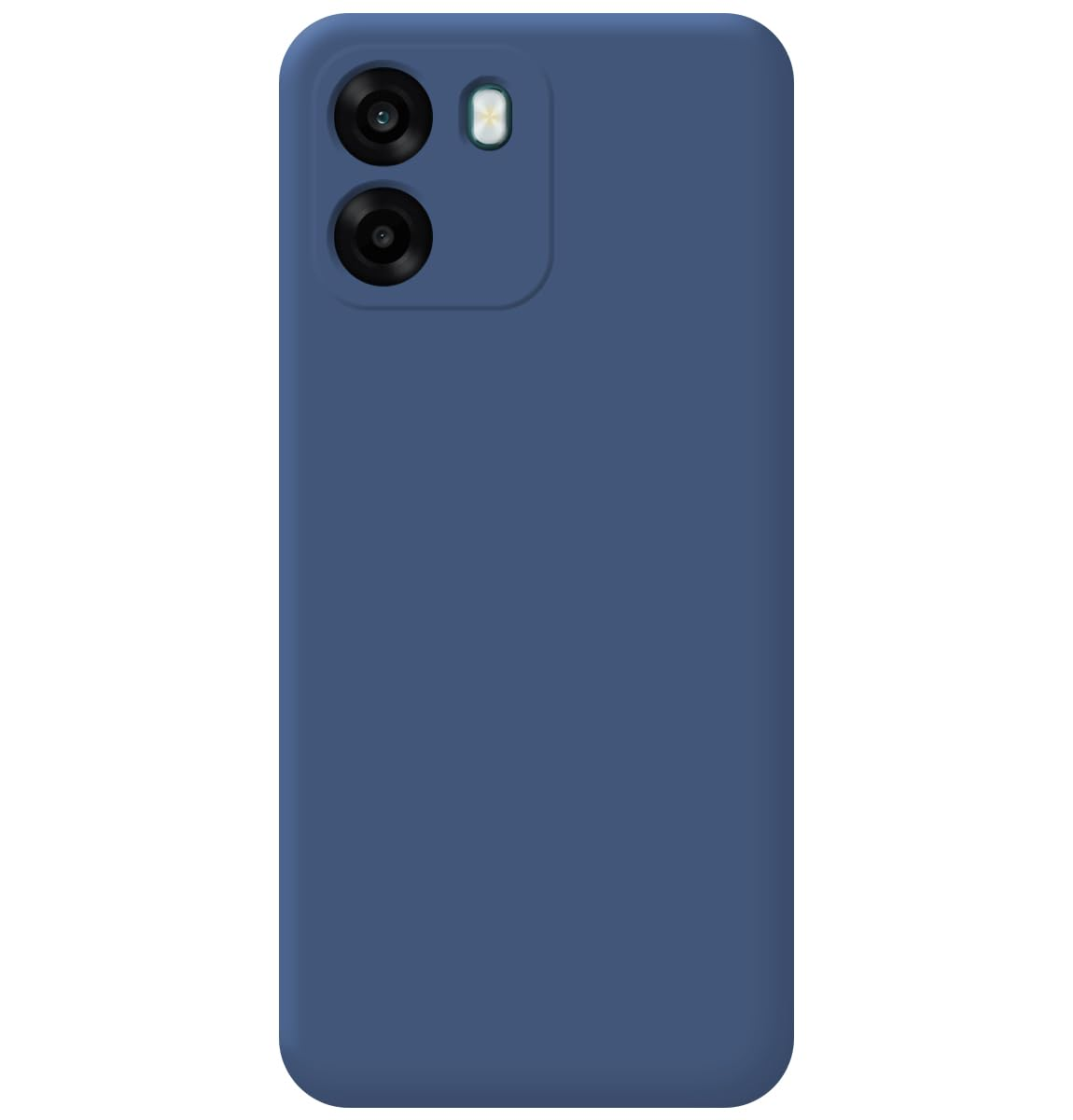 Funda azul para teléfono con dos lentes de cámara y flash.