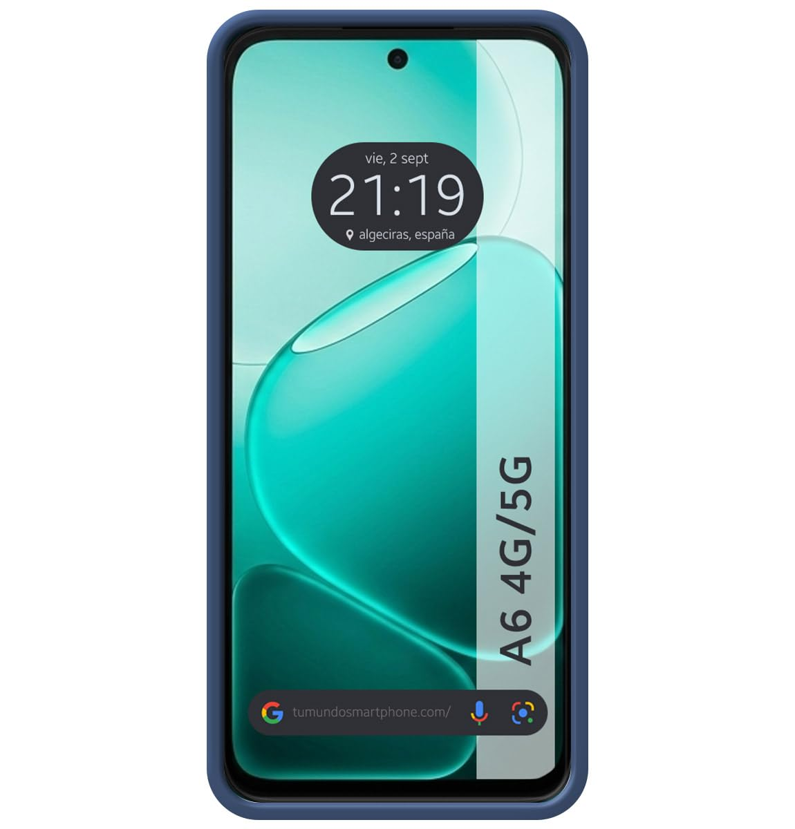 Un smartphone con carcasa azul muestra la pantalla de bloqueo con hora y fecha.