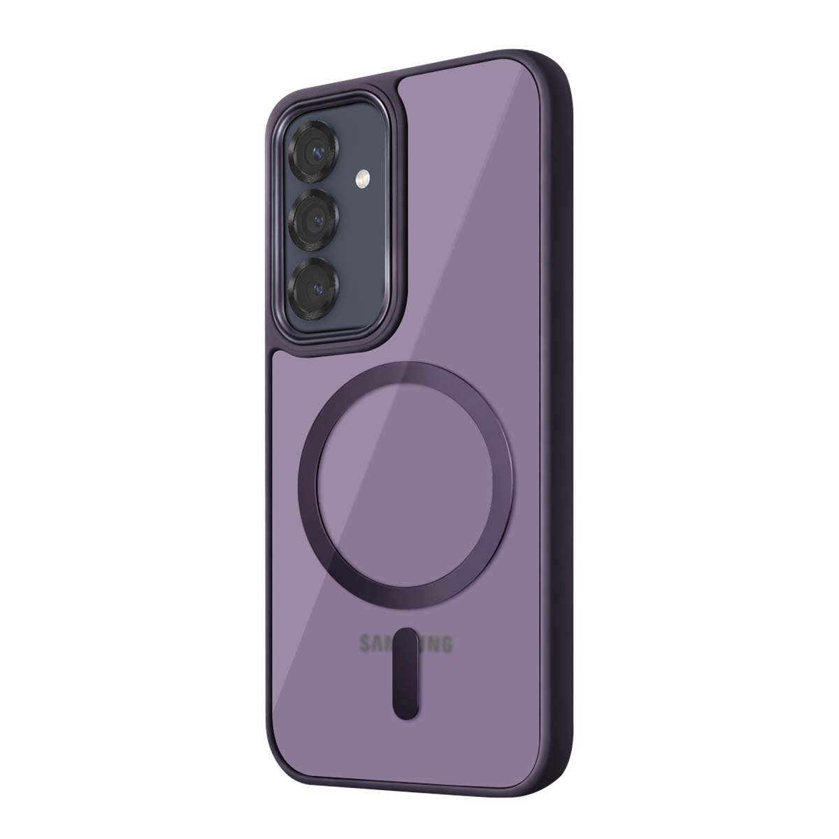 Funda morada para teléfono con tres cámaras y un anillo magnético.