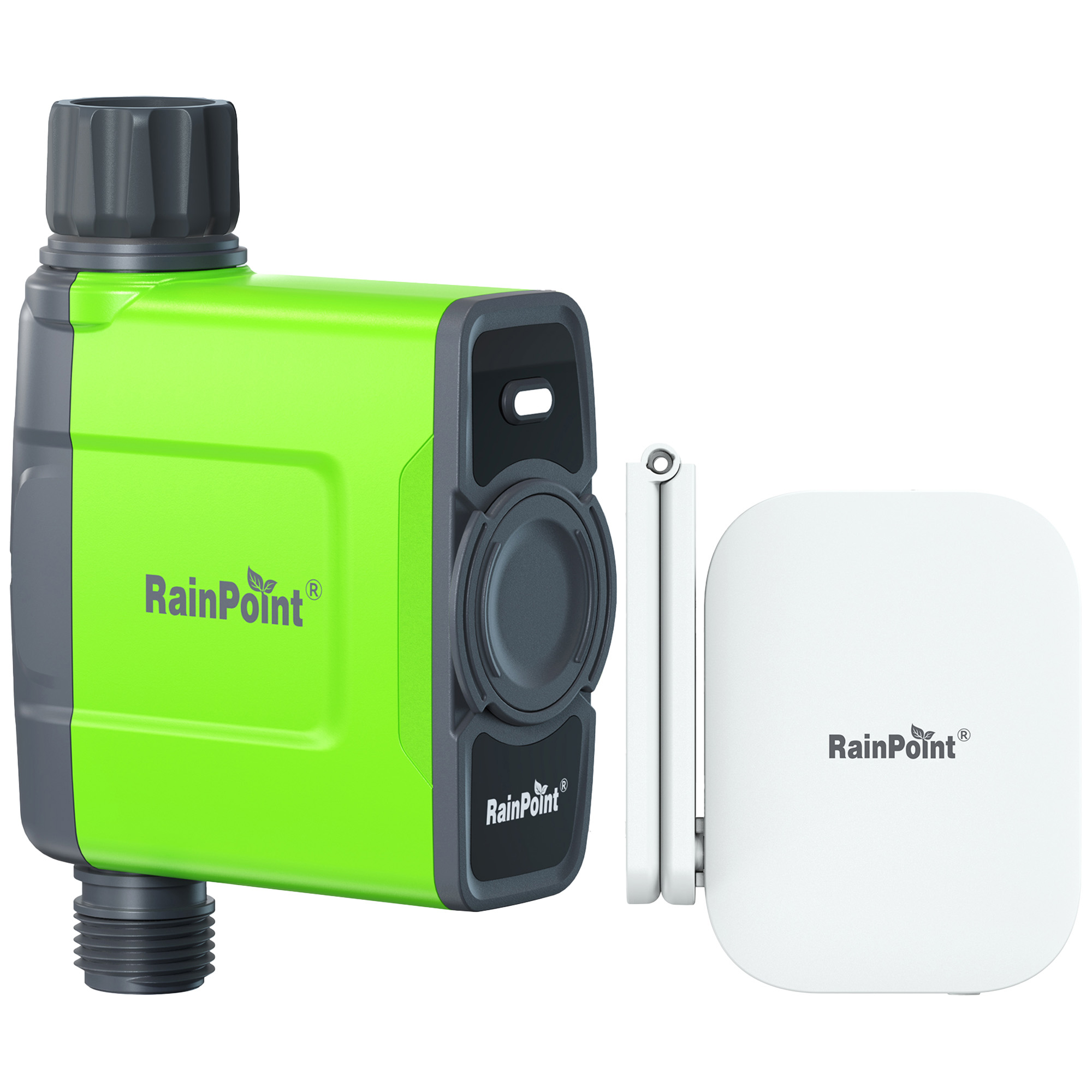 Zielony i szary sterownik nawadniania z białą jednostką sterującą, na białym tle.