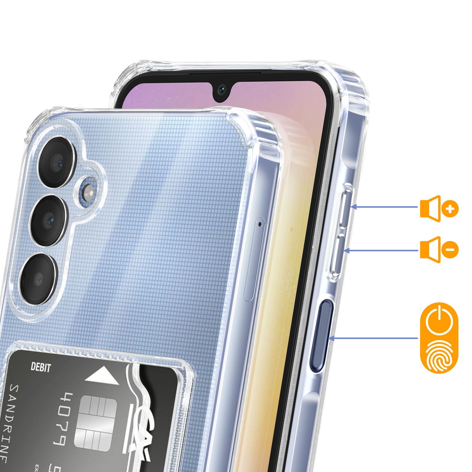 Uno smartphone in custodia trasparente, con porta carte e tasti volume.