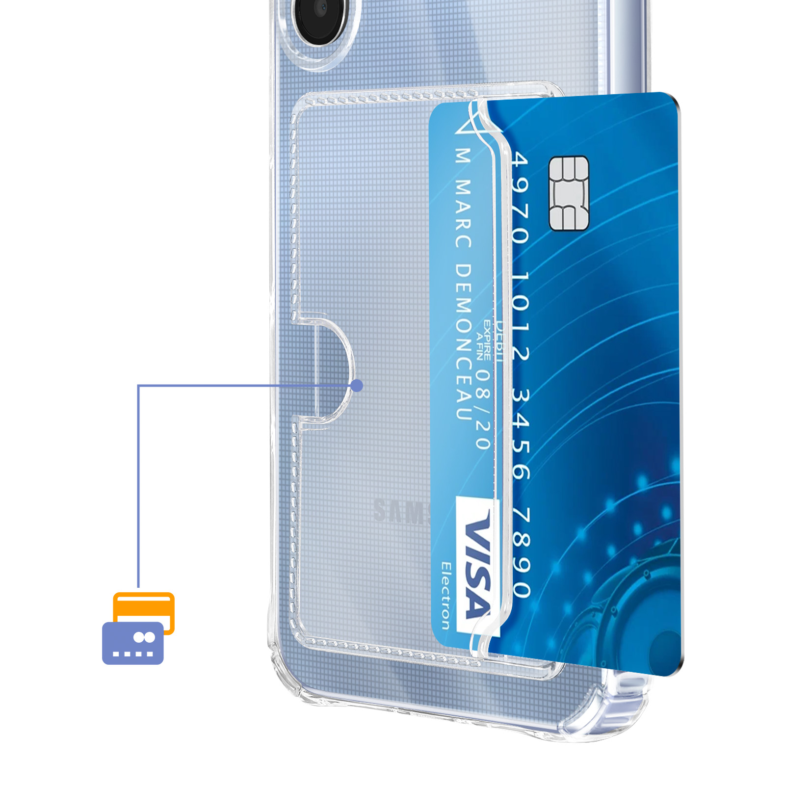 Una custodia trasparente per telefono con una carta Visa blu e icone.