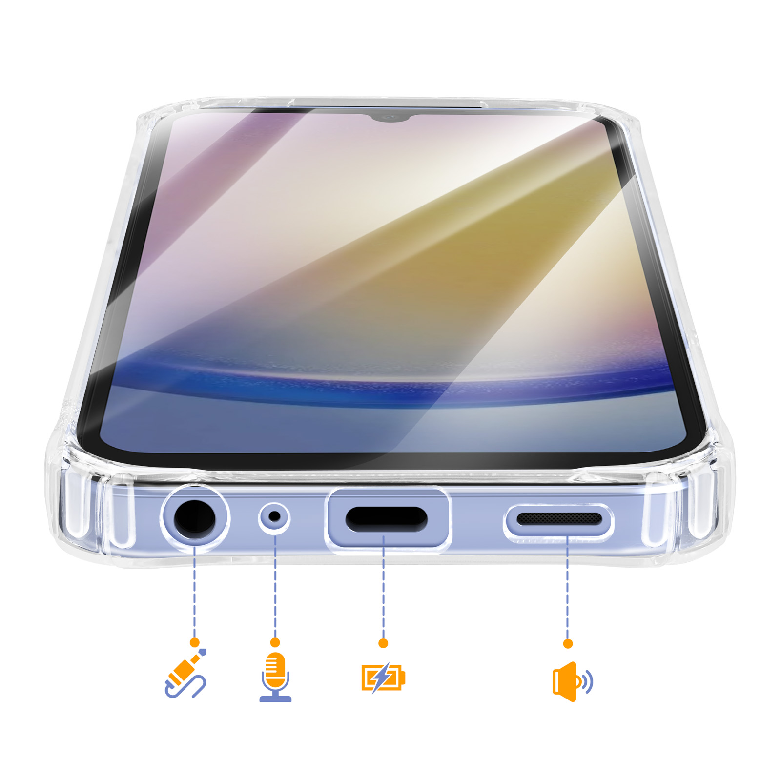 Parte inferiore dello smartphone con porte: cuffie, microfono, ricarica, altoparlante. Custodia trasparente.