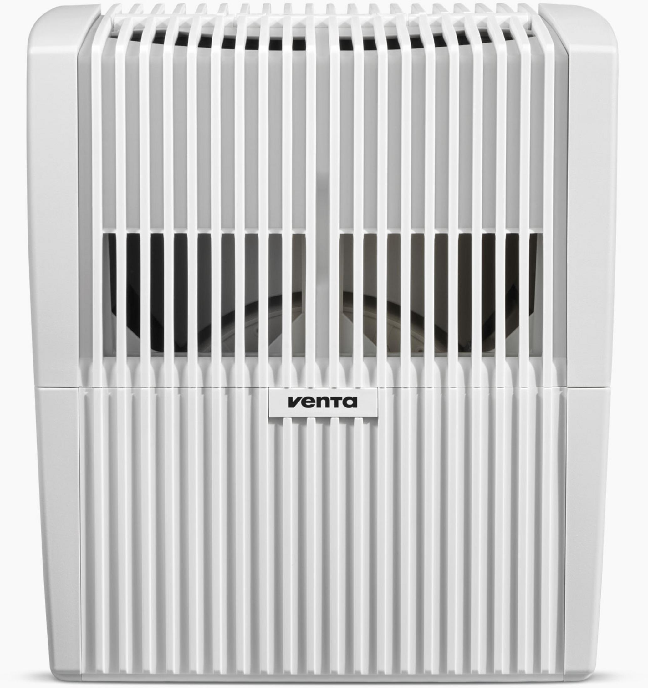 Un purificatore d'aria bianco con lamelle verticali e logo.