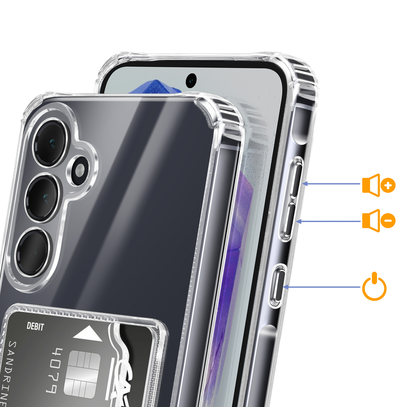 Custodia trasparente per telefono mostra fotocamere e slot per carte. Pulsanti volume e accensione evidenziati.