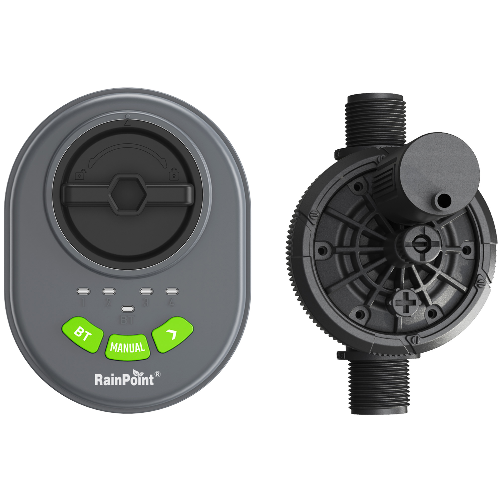 Szary timer z zielonymi przyciskami i czarnym zaworem. Na białym.