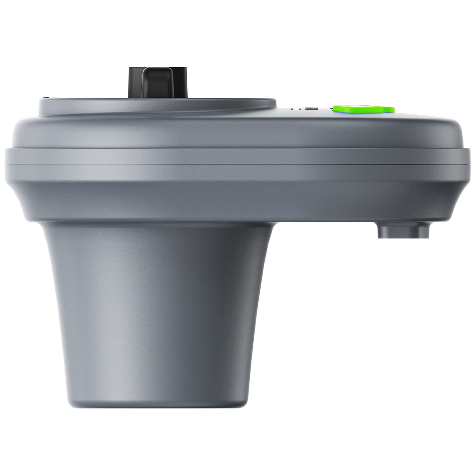 Szary pojemnik z zielonym przyciskiem i czarnym uchwytem.