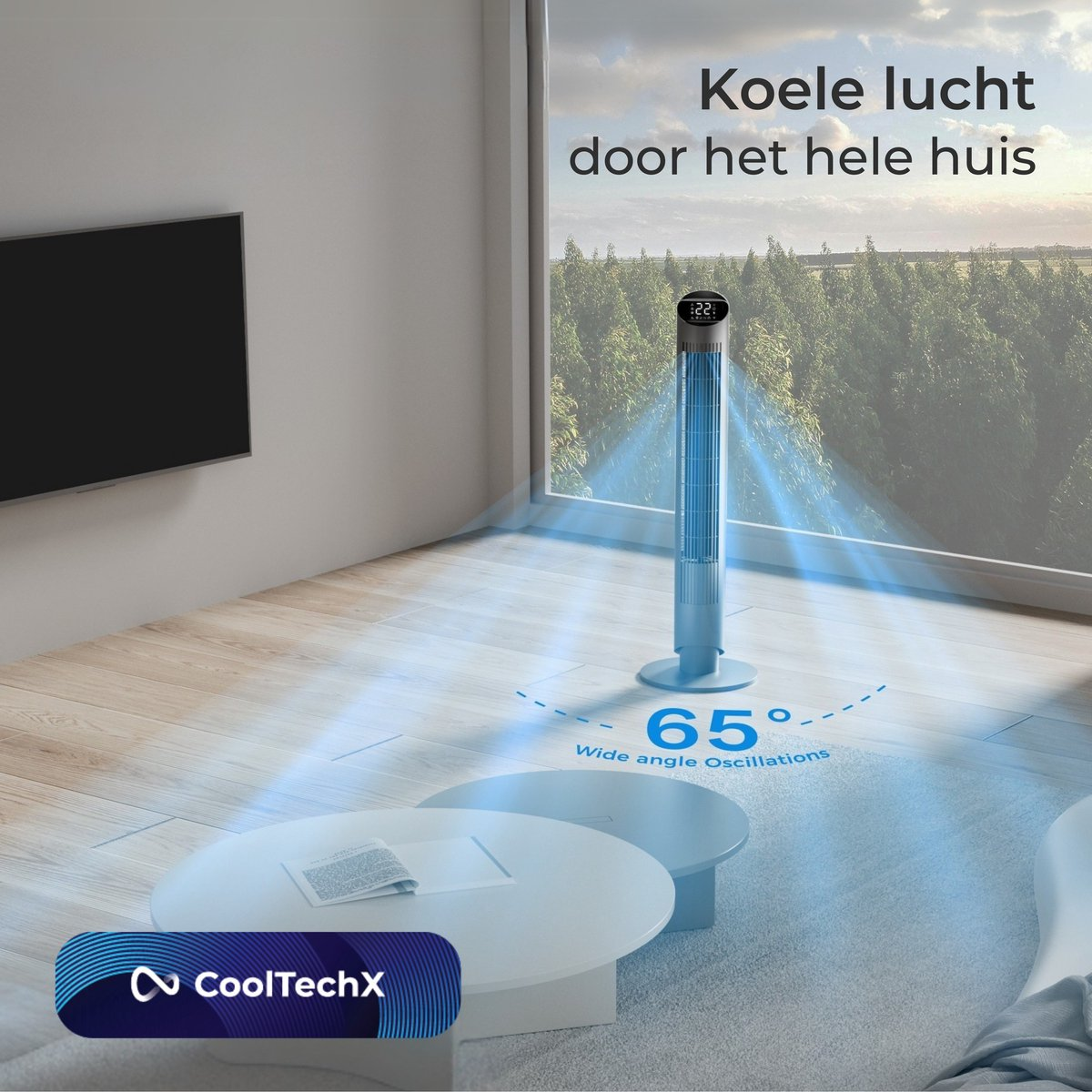 Een slanke torenventilator blaast koele lucht in een woonkamer. 65° oscillatie.