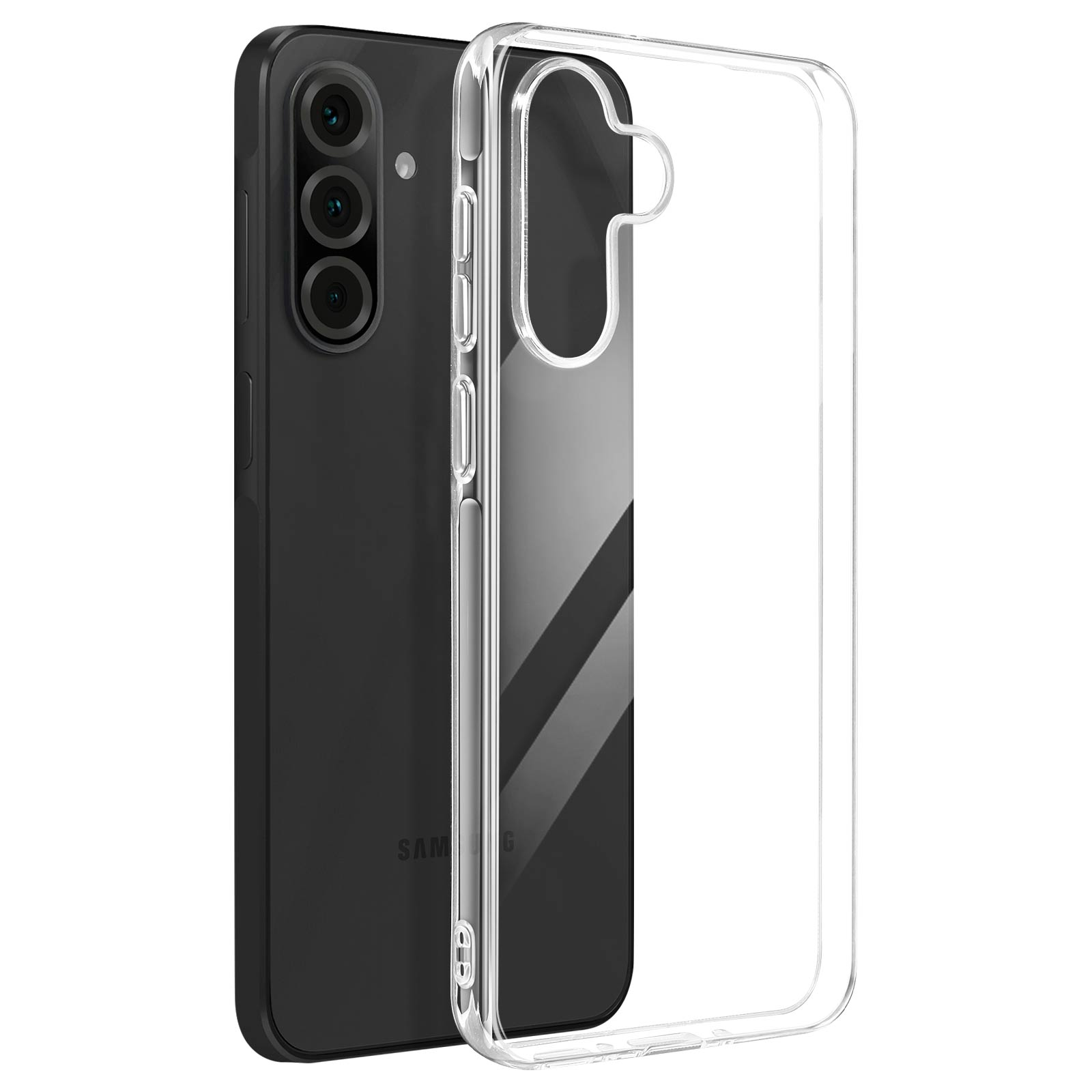 Un téléphone Samsung noir avec trois appareils photo à côté d'une coque transparente.