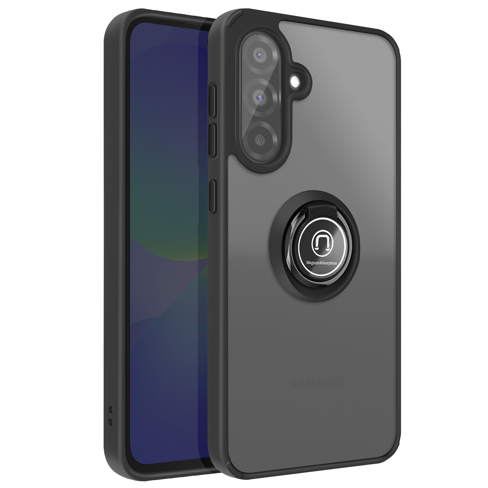 Telefono nero in custodia trasparente con anello porta anello e tripla fotocamera.